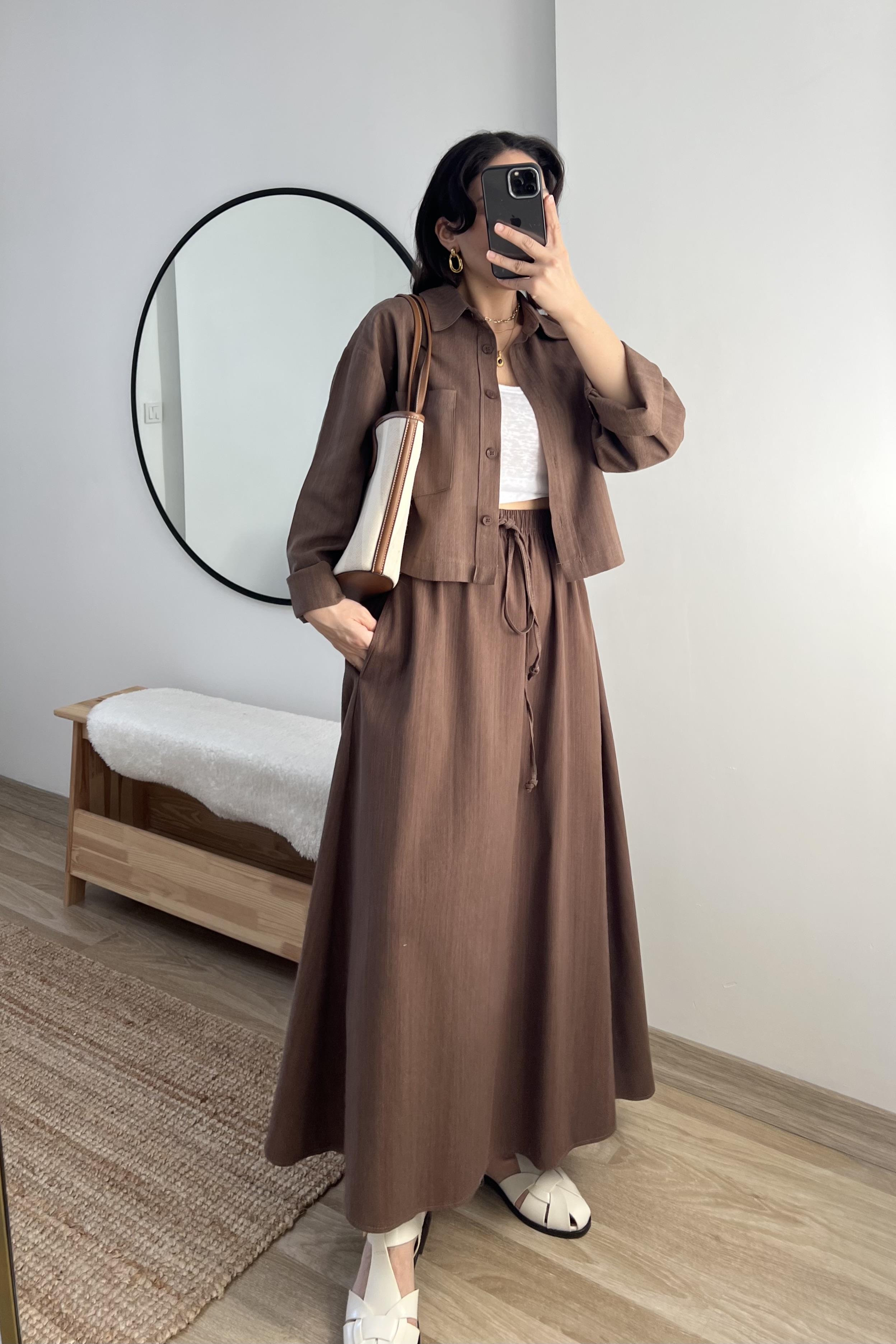 Kahve Keten Etek Gömlek Takım uygun fiyatlarda www.butikhola.com adresinde
