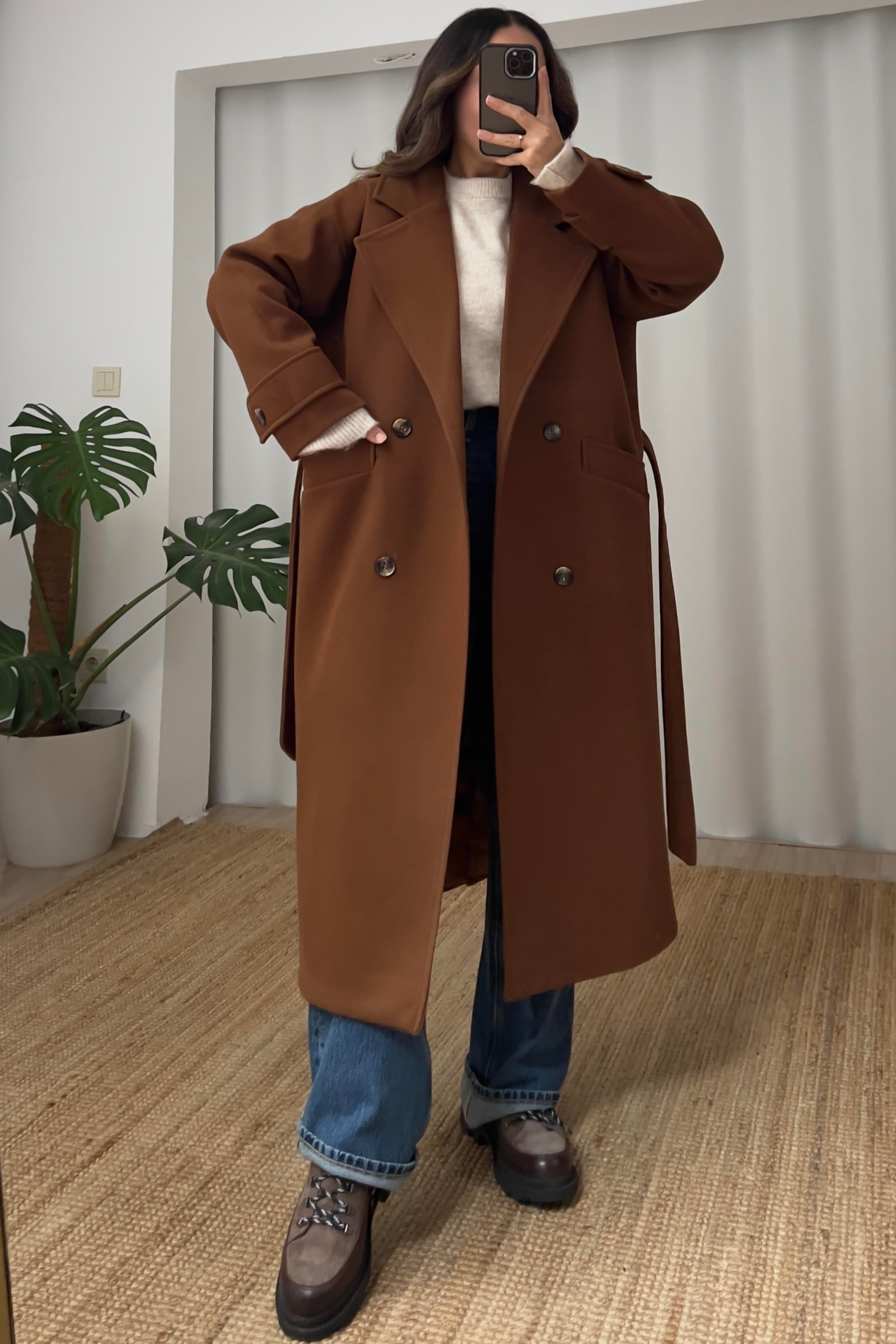 Kahve Kuşaklı Premium Kaban uygun fiyatlarda www.butikhola.com adresinde