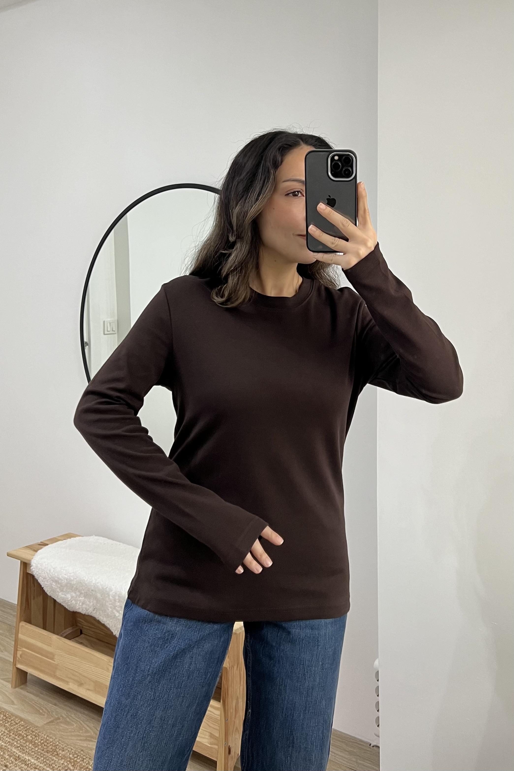 Kahve Organik Pamuklu Uzun Kollu Basic Tshirt uygun fiyatlarda www.butikhola.com adresinde