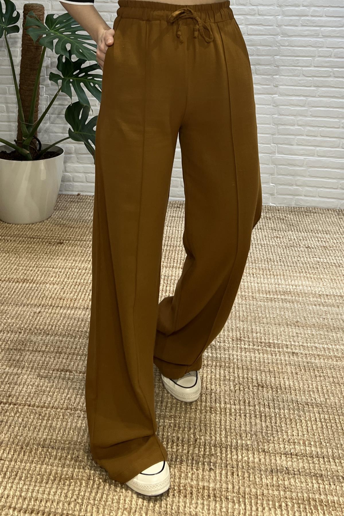 Kahverengi Beli Lastikli Rahat Palazzo Pantolon uygun fiyatlarda www.butikhola.com adresinde