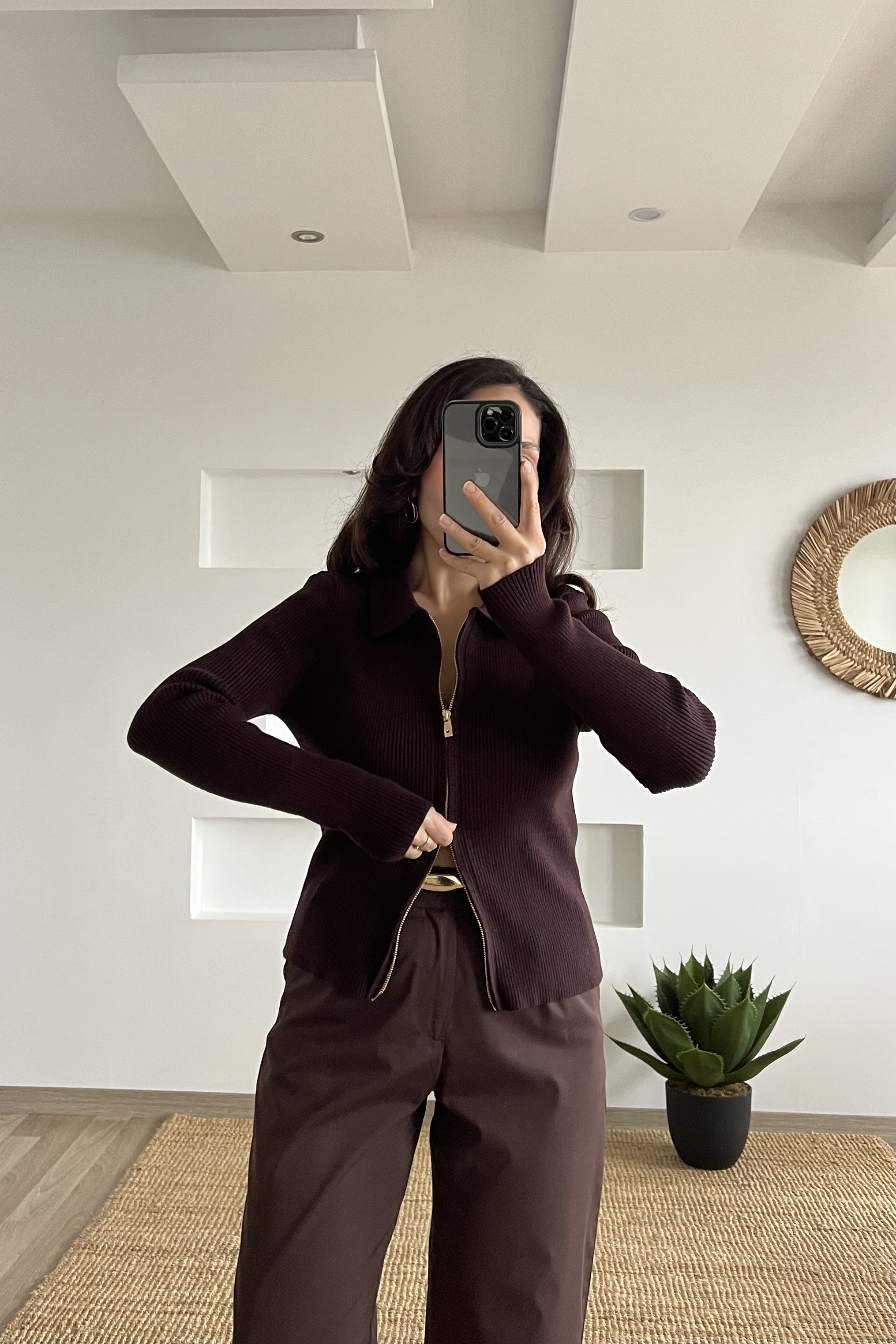 Kahverengi Çift Fermuarlı Polo Yaka Hırka uygun fiyatlarda www.butikhola.com adresinde