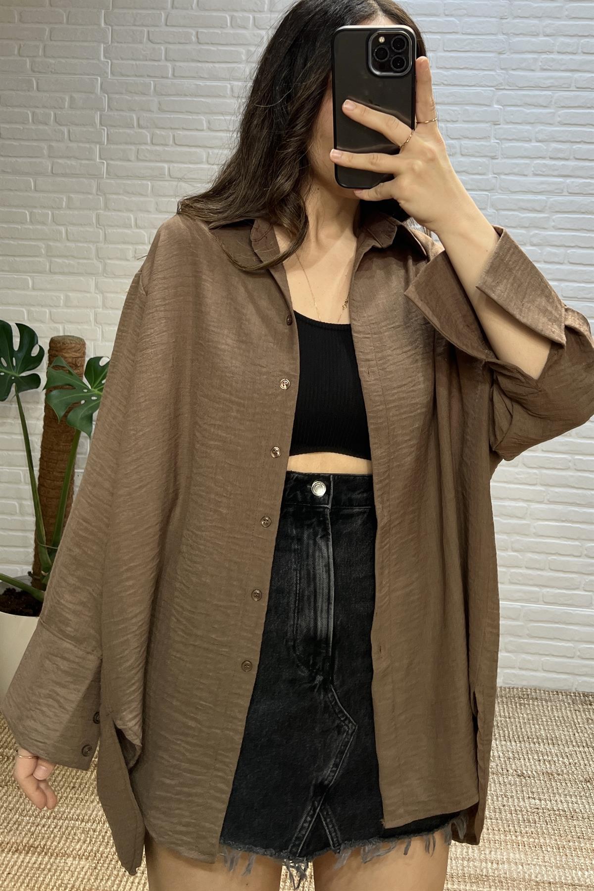 Kahverengi Oversize Keten Gömlek uygun fiyatlarda www.butikhola.com adresinde