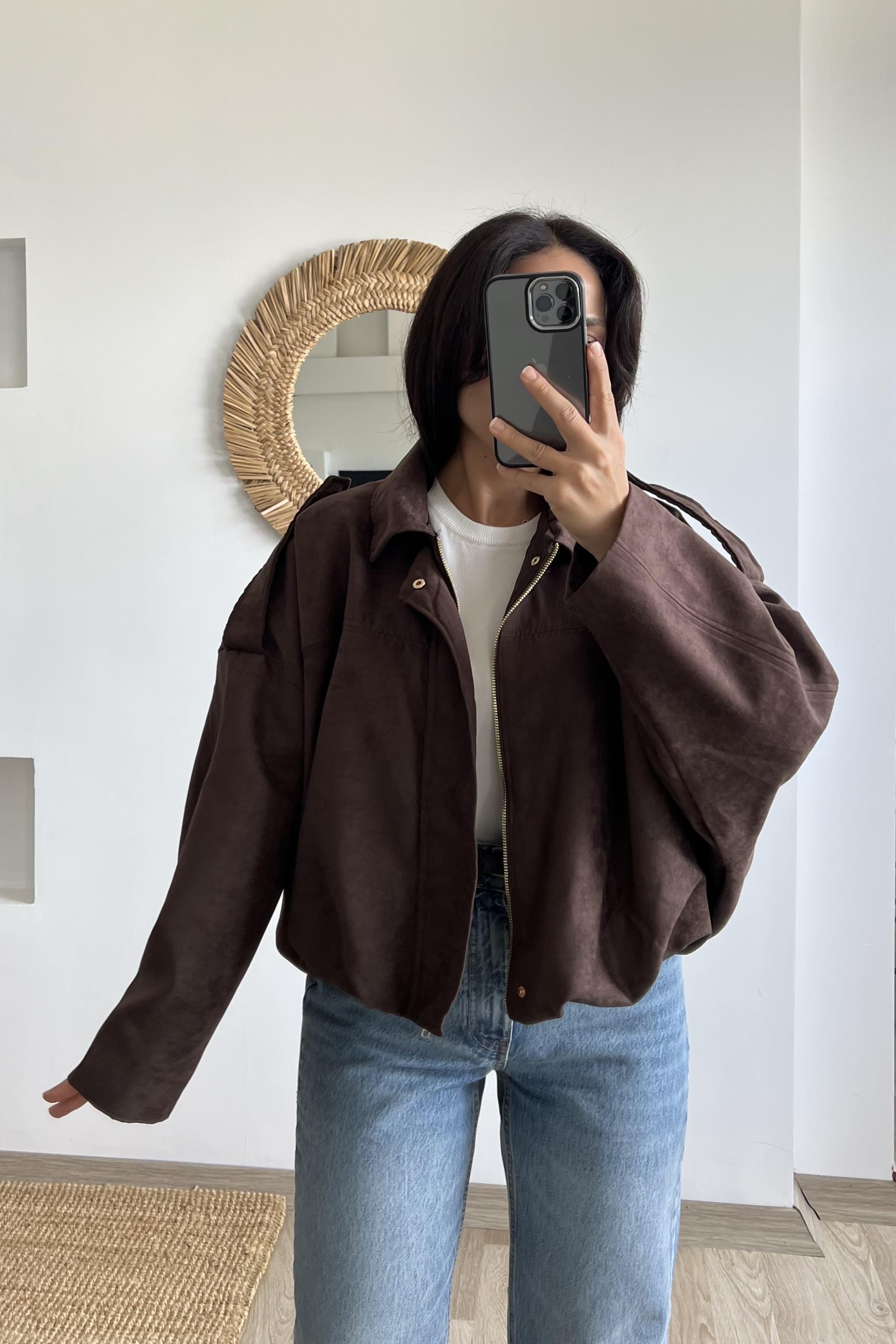 Kahverengi Süet Görünümlü Bomber Ceket uygun fiyatlarda www.butikhola.com adresinde