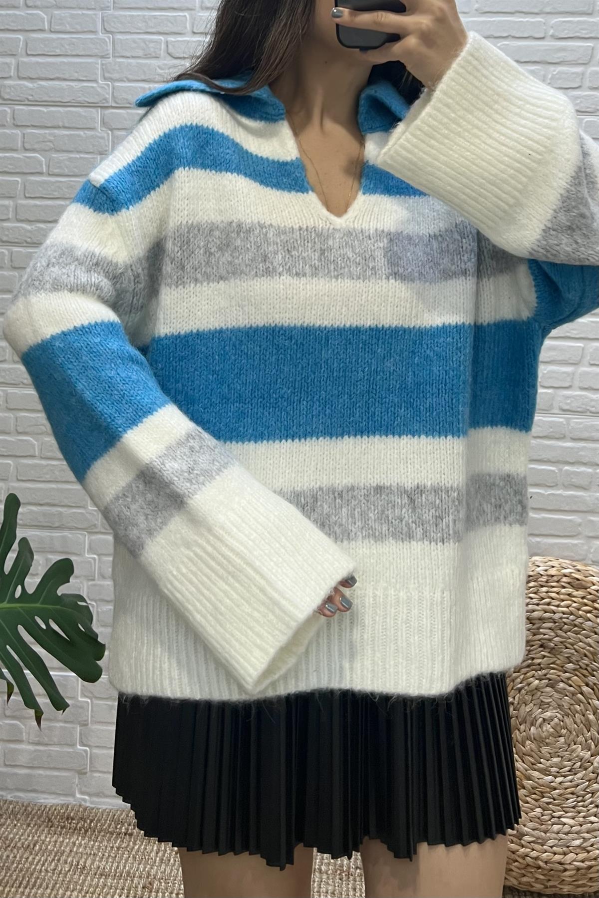 Kalın Çizgili Yumuşak Dokulu Polo Yaka Kazak uygun fiyatlarda www.butikhola.com adresinde
