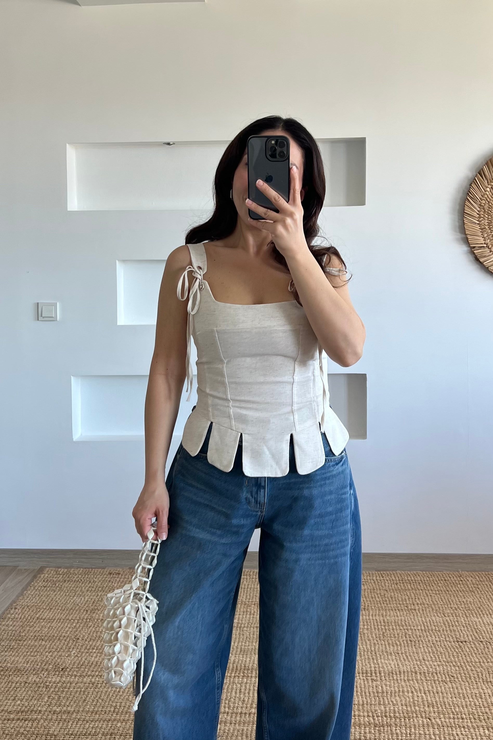 Keten Dilimli Korse Bluz uygun fiyatlarda www.butikhola.com adresinde