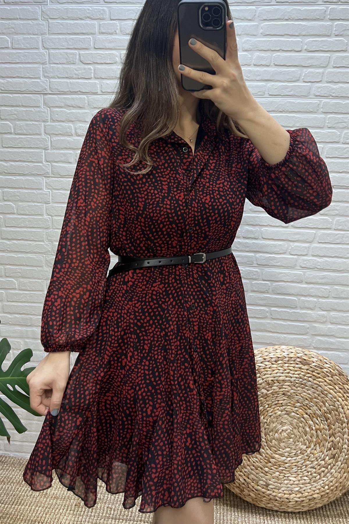 Kırmızı Desenli Beli Kemerli Astarlı Şifon Elbise uygun fiyatlarda www.butikhola.com adresinde