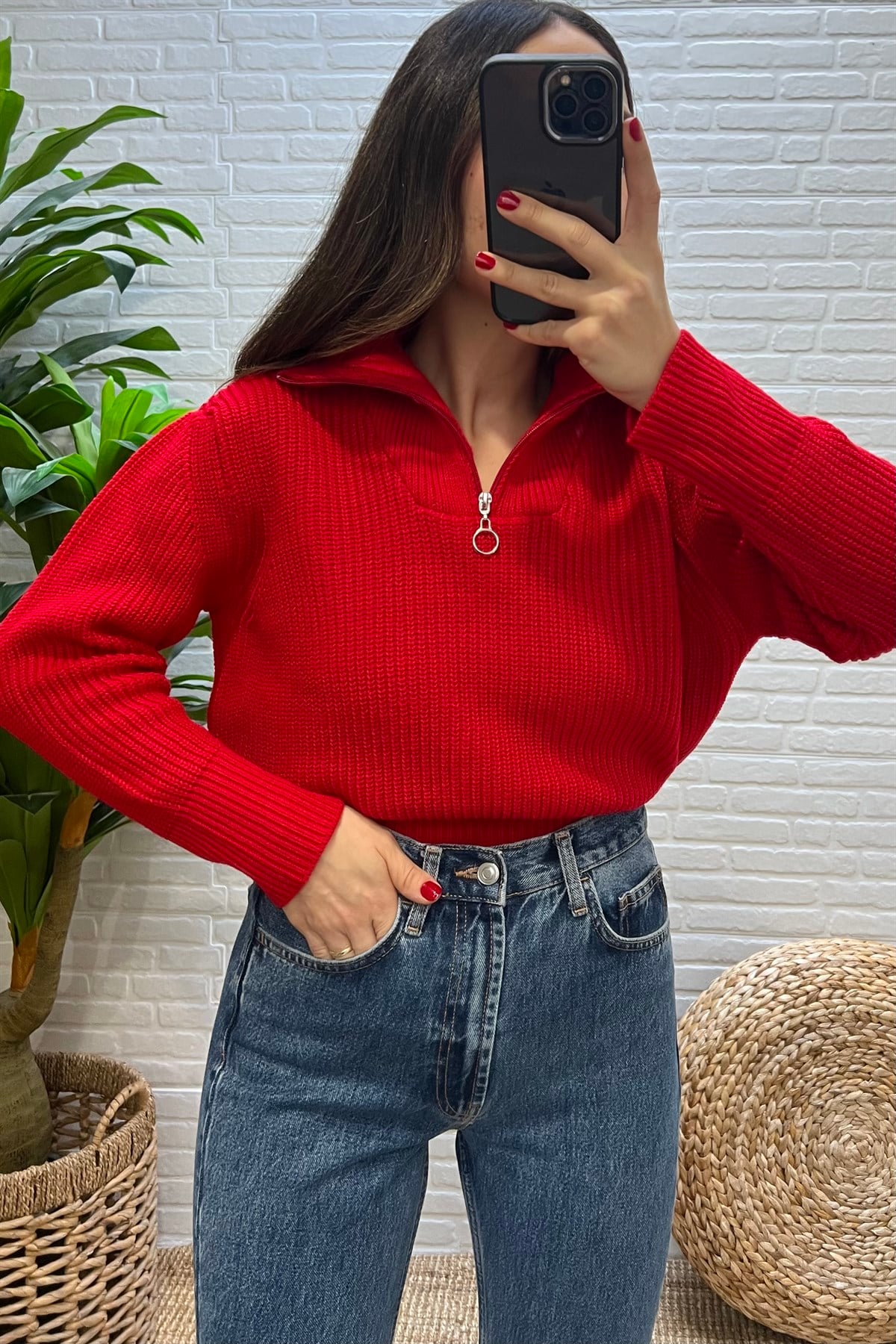 Kırmızı Yarım Fermuarlı Kazak uygun fiyatlarda www.butikhola.com adresinde