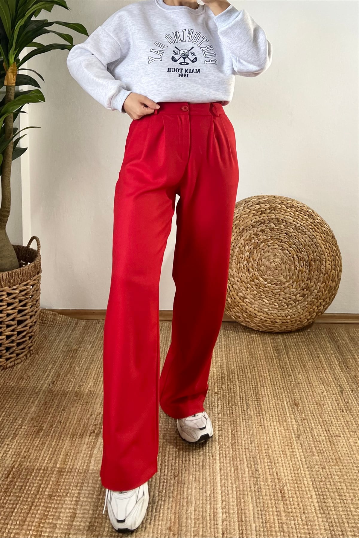 Kırmızı Yumuşak Dokulu Palazzo Pantolon uygun fiyatlarda www.butikhola.com adresinde