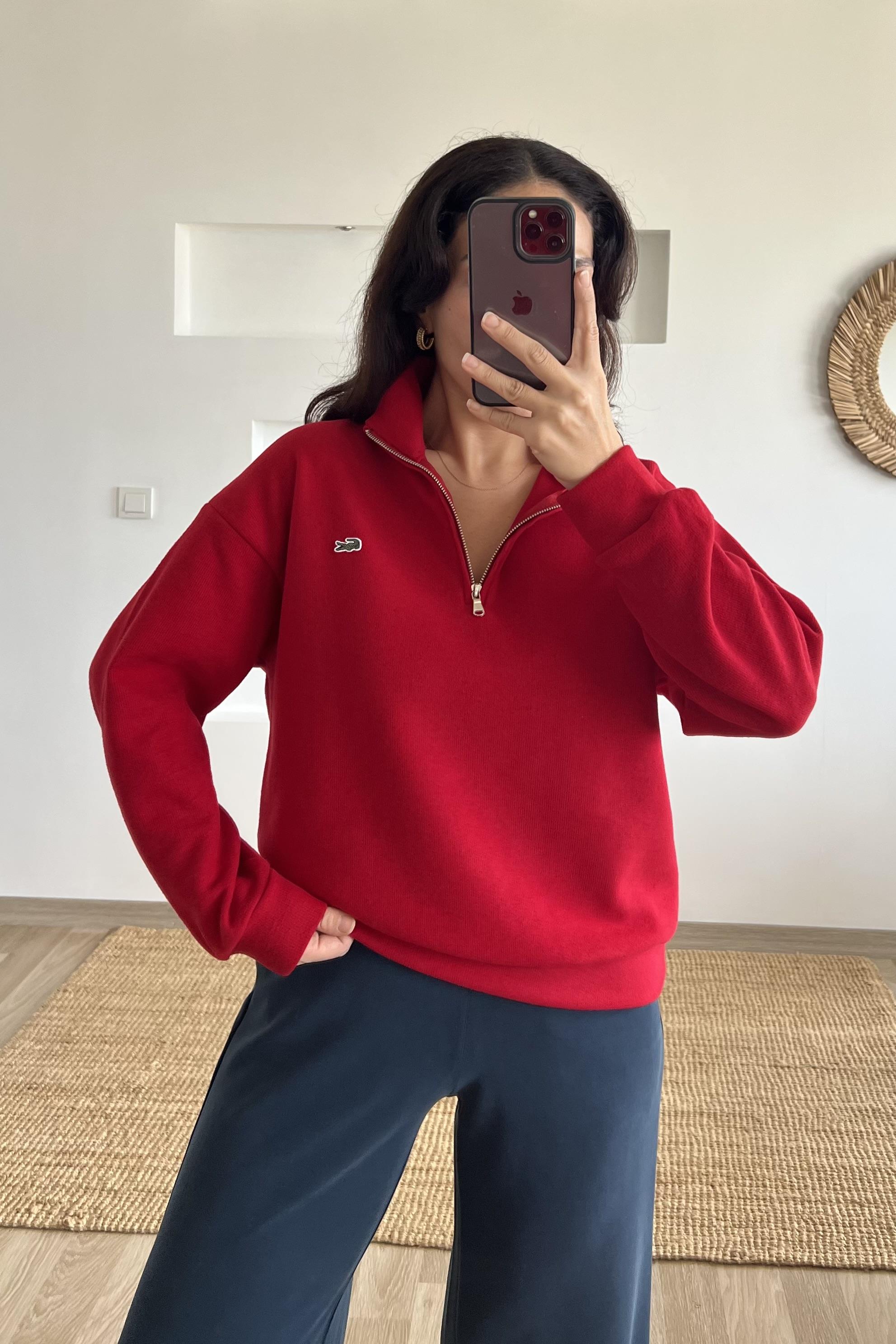 Kırmızı Yumuşak Dokulu Yakası Fermuarlı Sweatshirt uygun fiyatlarda www.butikhola.com adresinde