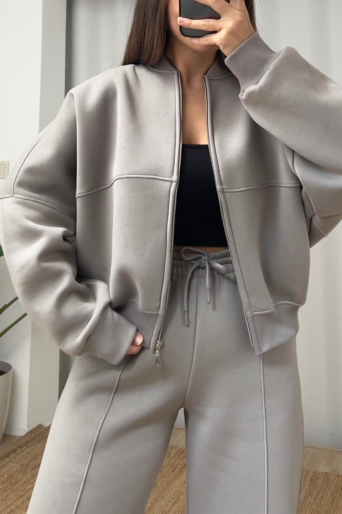 Koyu Gri Fermuarlı Bomber Sweatshirt  uygun fiyatlarda www.butikhola.com adresinde