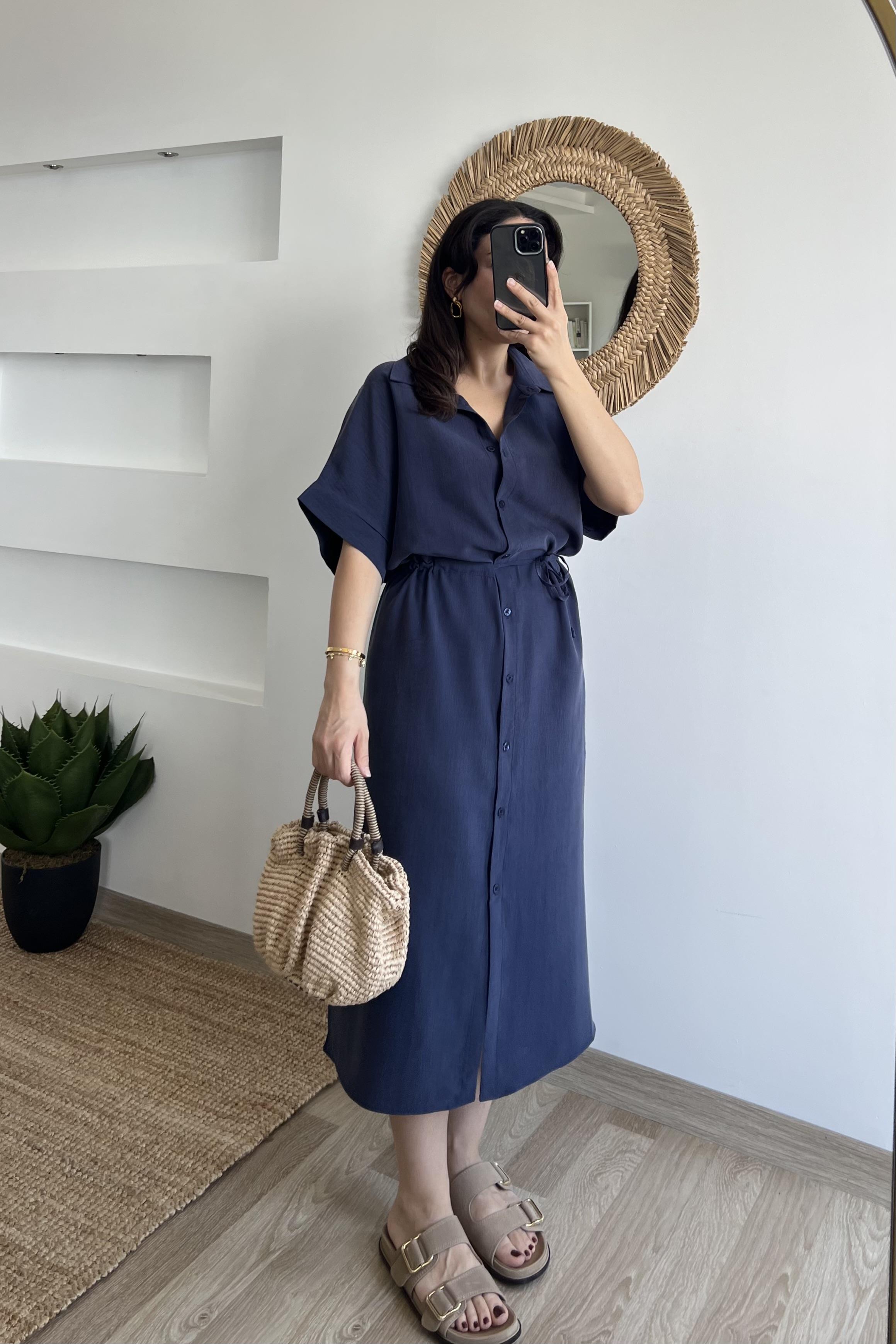 Lacivert  Beli ipli Tensel Elbise uygun fiyatlarda www.butikhola.com adresinde