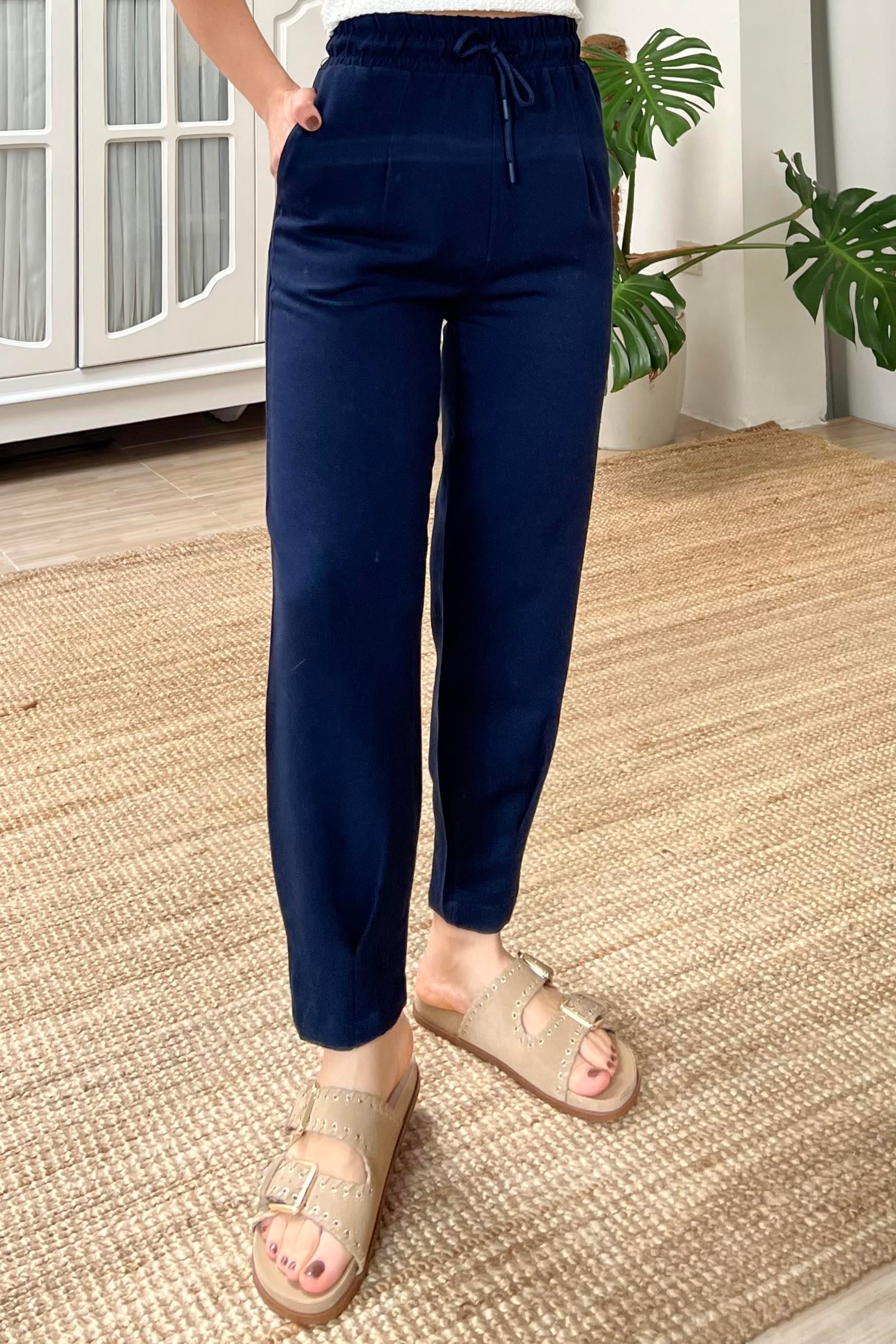 Lacivert  Beli Lastikli Paçası Pileli Keten Pantolon uygun fiyatlarda www.butikhola.com adresinde