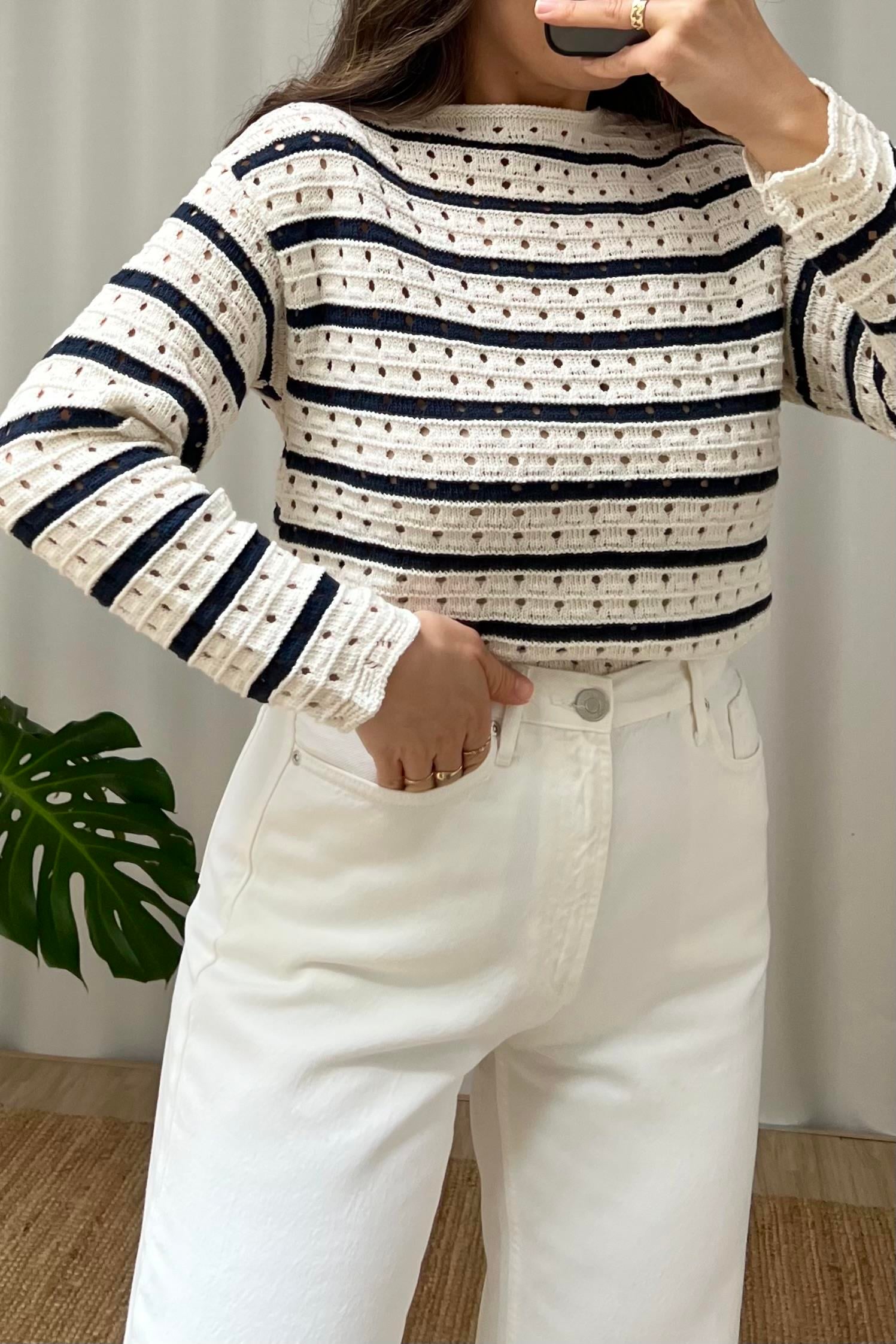 Lacivert Çizgili Ajurlu Triko uygun fiyatlarda www.butikhola.com adresinde
