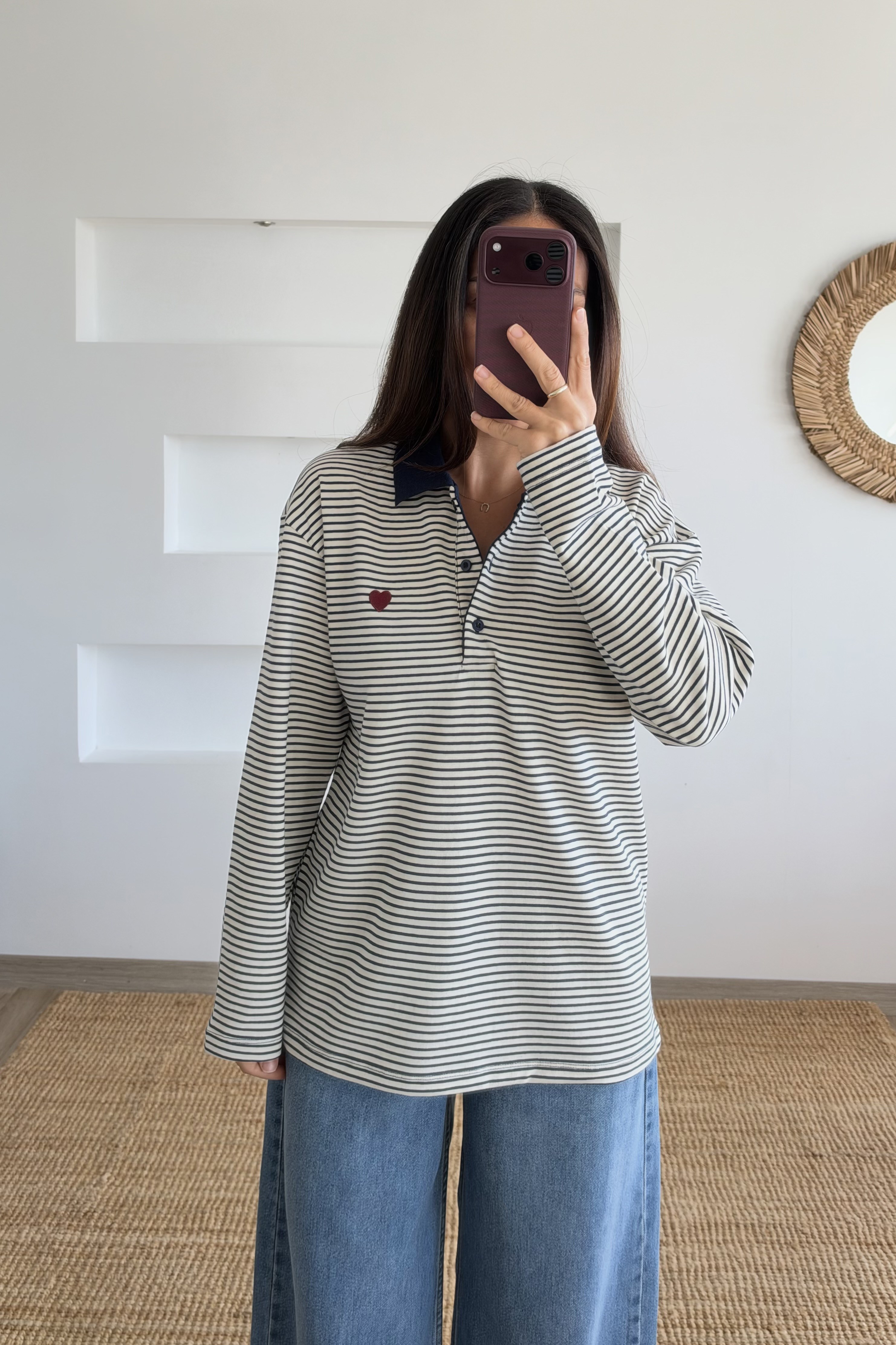 Lacivert Çizgili Kalp Nakışlı Polo Yaka Sweat uygun fiyatlarda www.butikhola.com adresinde