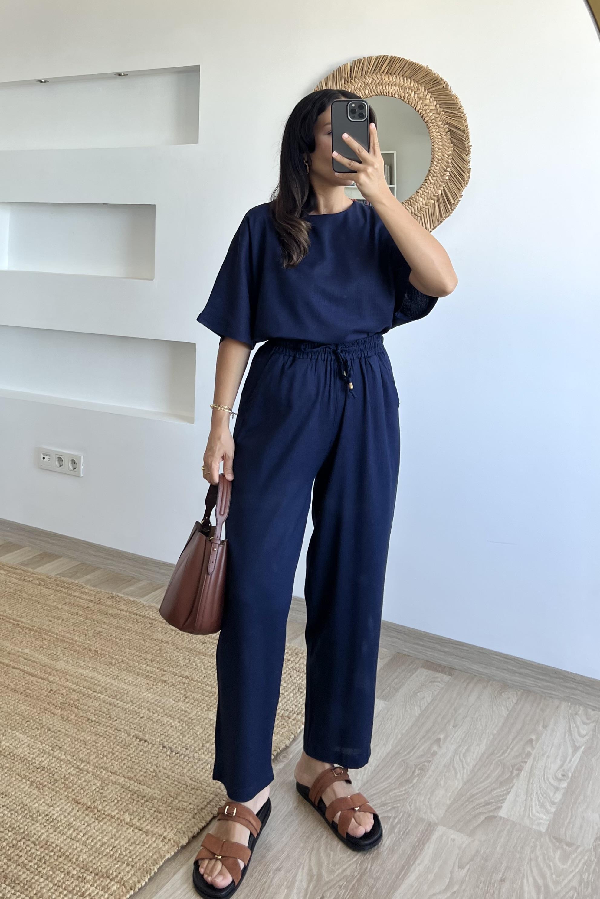 Lacivert Comfort Keten Takım uygun fiyatlarda www.butikhola.com adresinde