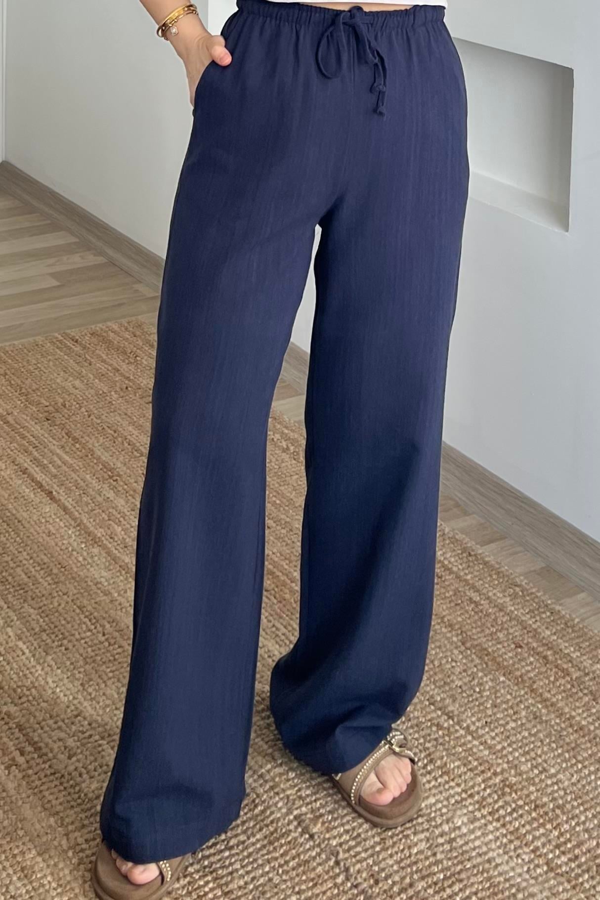 Lacivert Düz Kesim Keten Pantolon uygun fiyatlarda www.butikhola.com adresinde