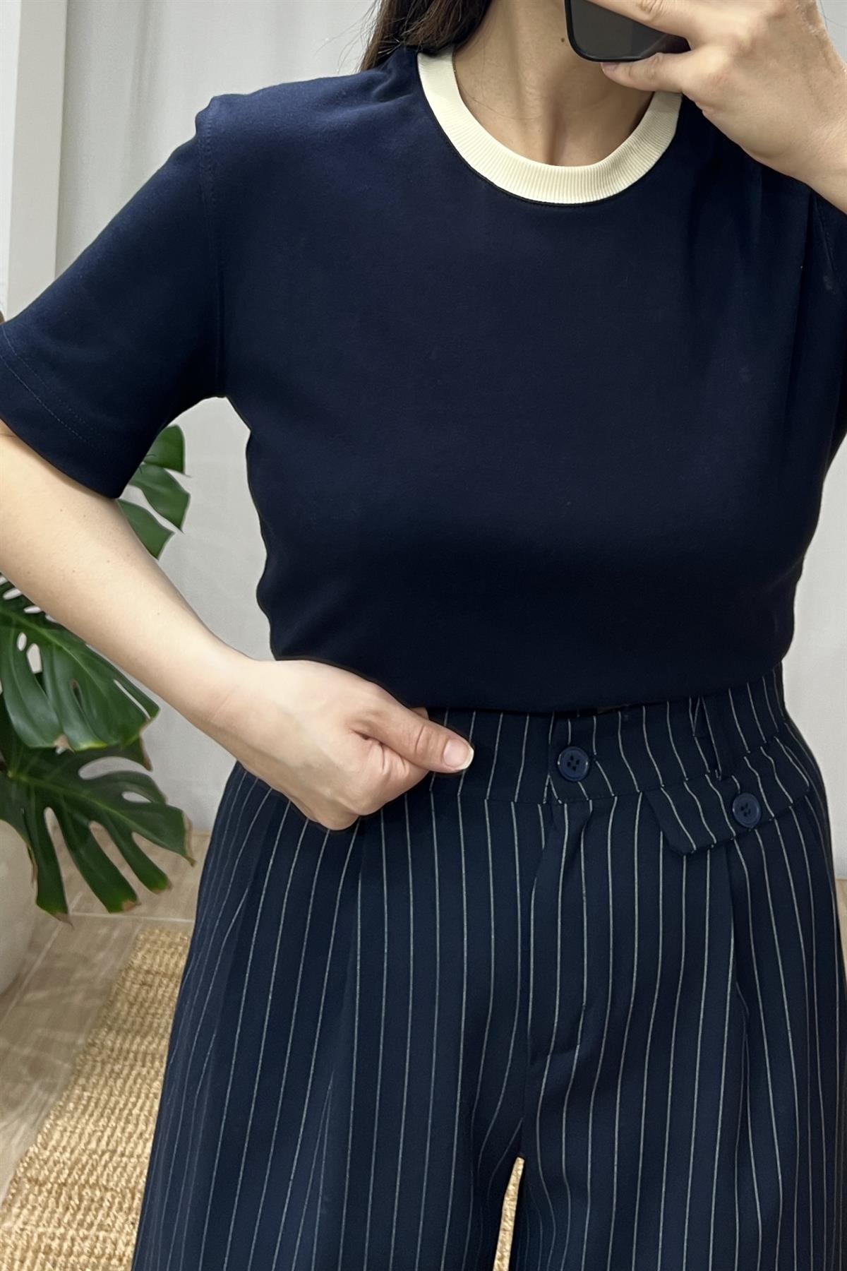 Lacivert Kontrast Biyeli Tshirt uygun fiyatlarda www.butikhola.com adresinde