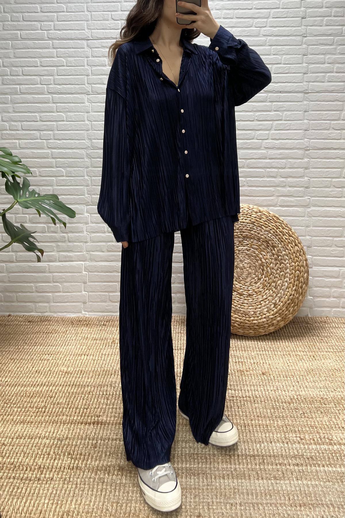Lacivert Krinkıl Kumaş Gömlek Pantolon Takım uygun fiyatlarda www.butikhola.com adresinde