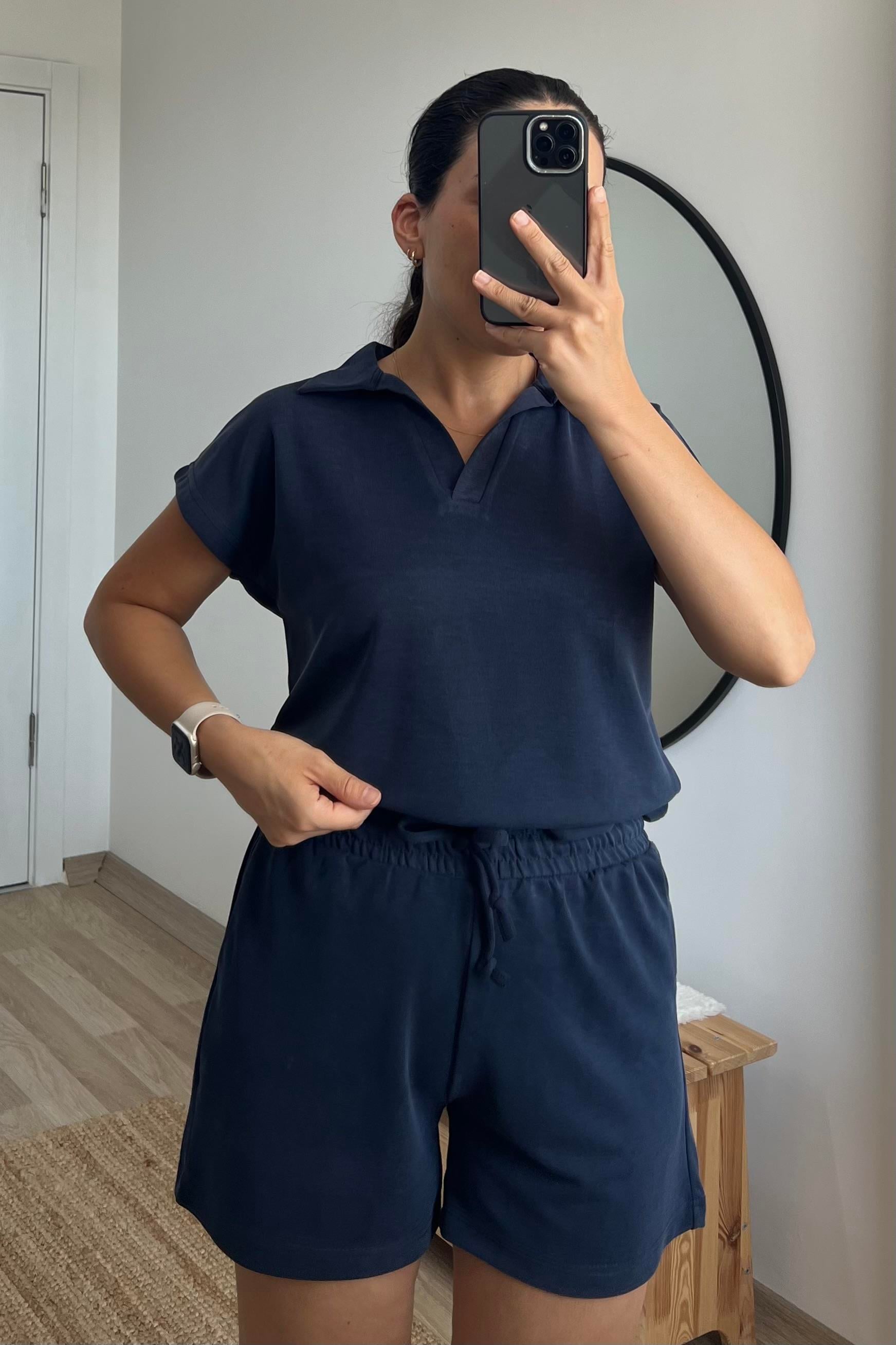 Lacivert Oysho Kumaş Modal Polo Yaka Tshirt Şort Takım uygun fiyatlarda www.butikhola.com adresinde