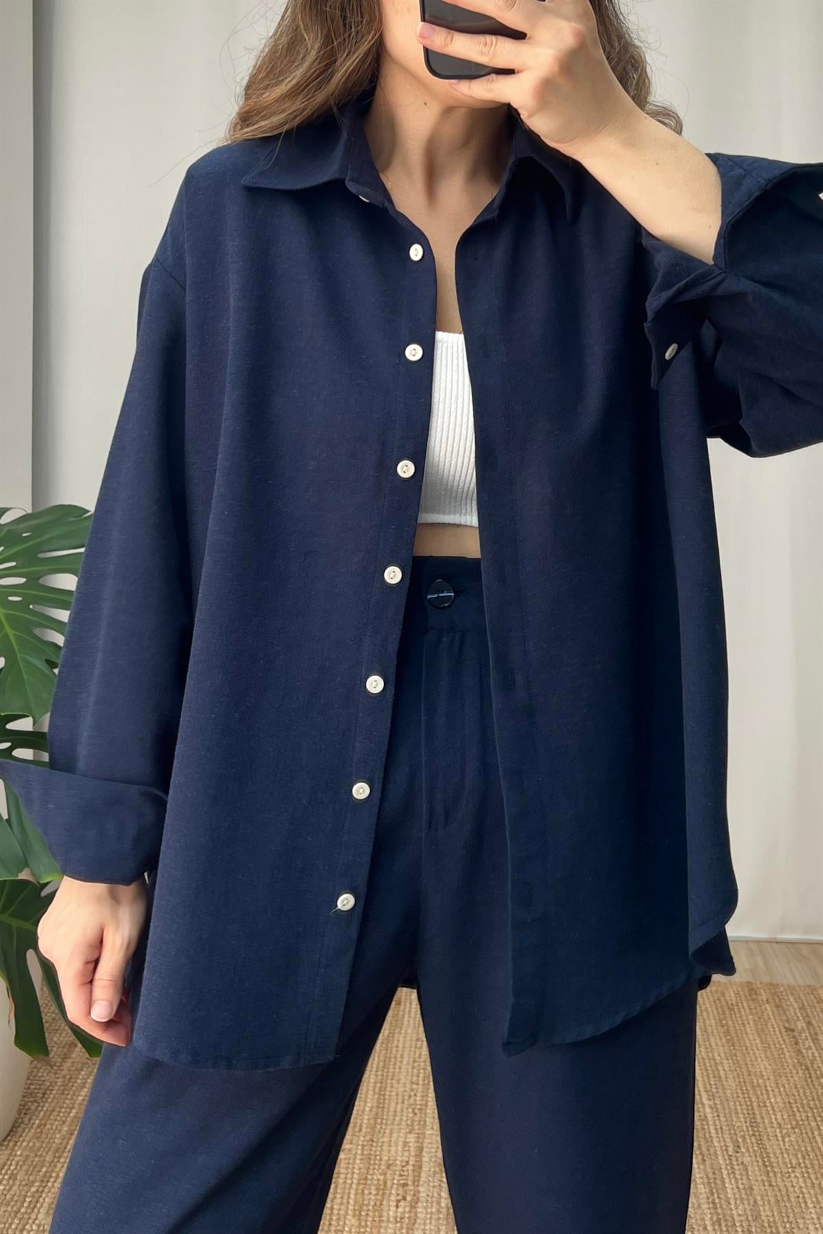 Lacivert Sedef Düğmeli Keten  Gömlek uygun fiyatlarda www.butikhola.com adresinde