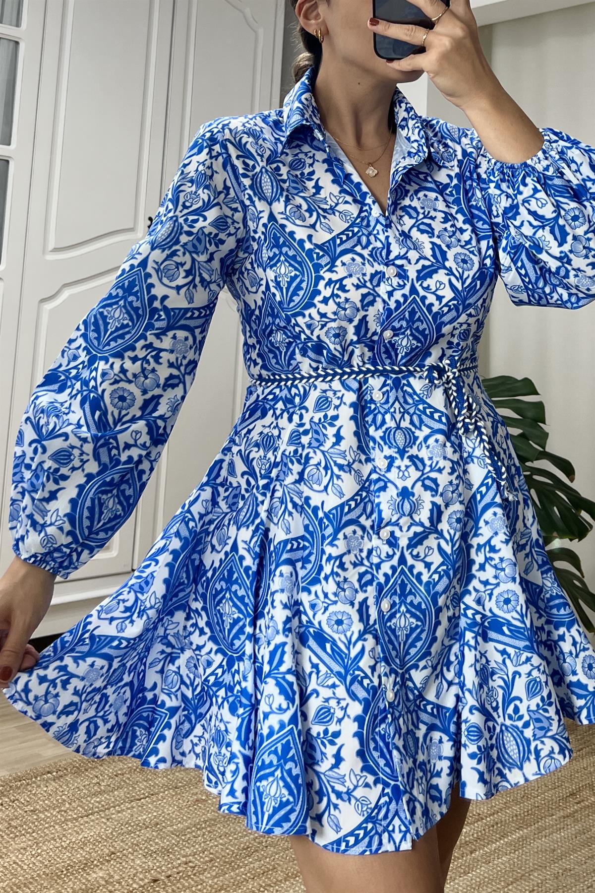 Mavi Desenli Poplin Gömlek Elbise uygun fiyatlarda www.butikhola.com adresinde
