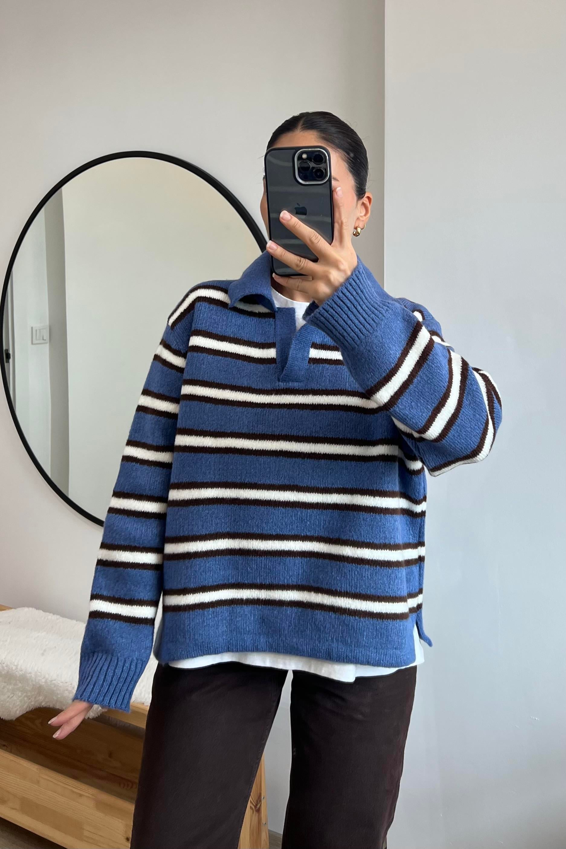 Mavi Kahve Çizgili Polo Yaka Kazak uygun fiyatlarda www.butikhola.com adresinde