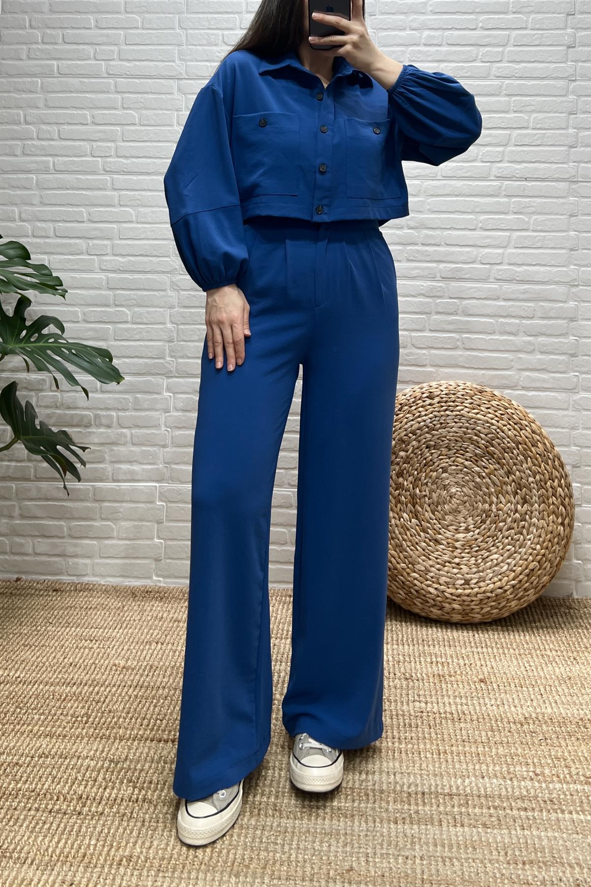 Mavi Palazzo Pantolon Gömlek Takım uygun fiyatlarda www.butikhola.com adresinde