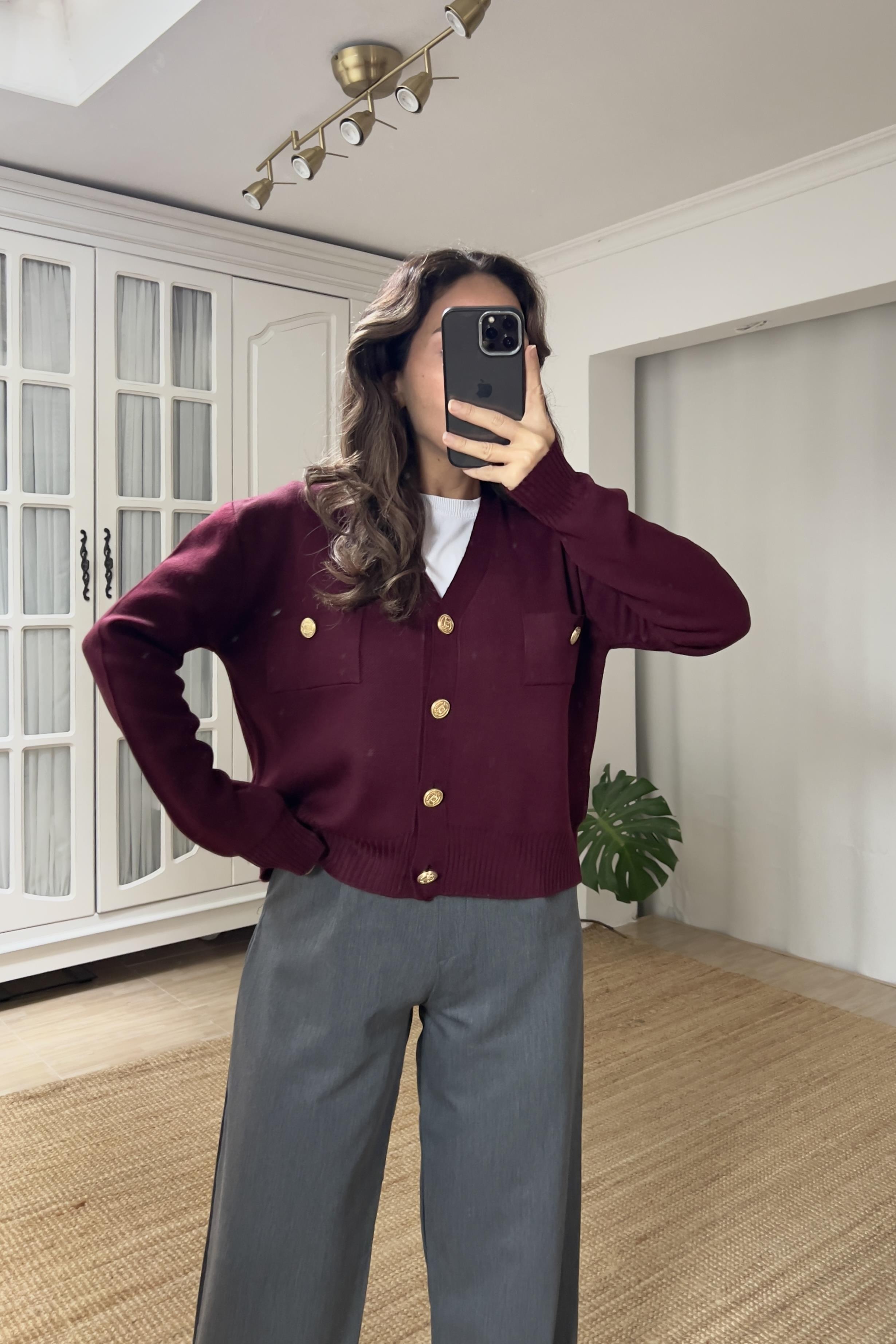 MD Bordo Gold Düğmeli V Yaka Hırka  uygun fiyatlarda www.butikhola.com adresinde