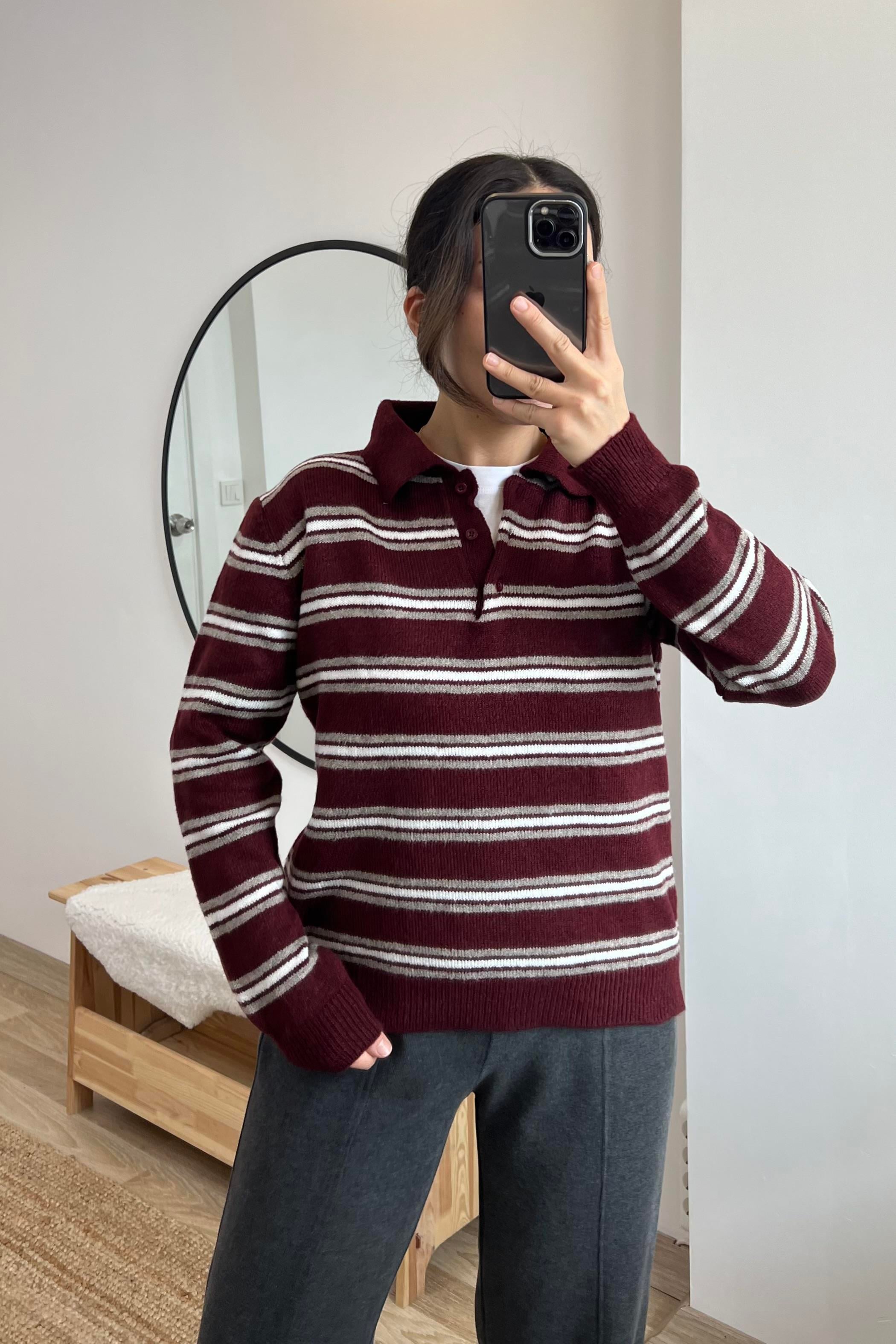 MD Bordo Polo Yaka Çizgili Kazak uygun fiyatlarda www.butikhola.com adresinde