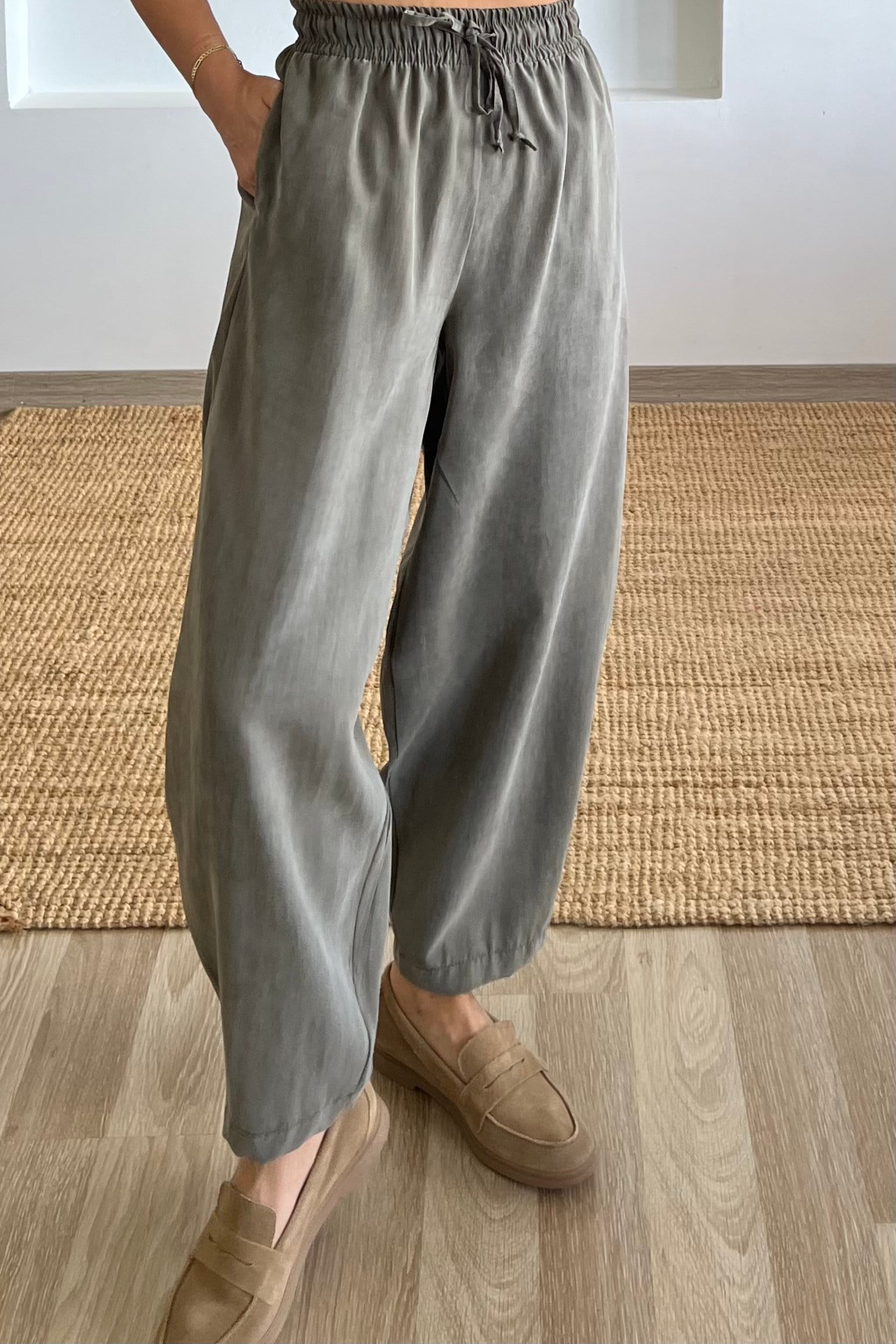 Md Haki Beli Lastikli Tensel Şalvar Pantolon uygun fiyatlarda www.butikhola.com adresinde