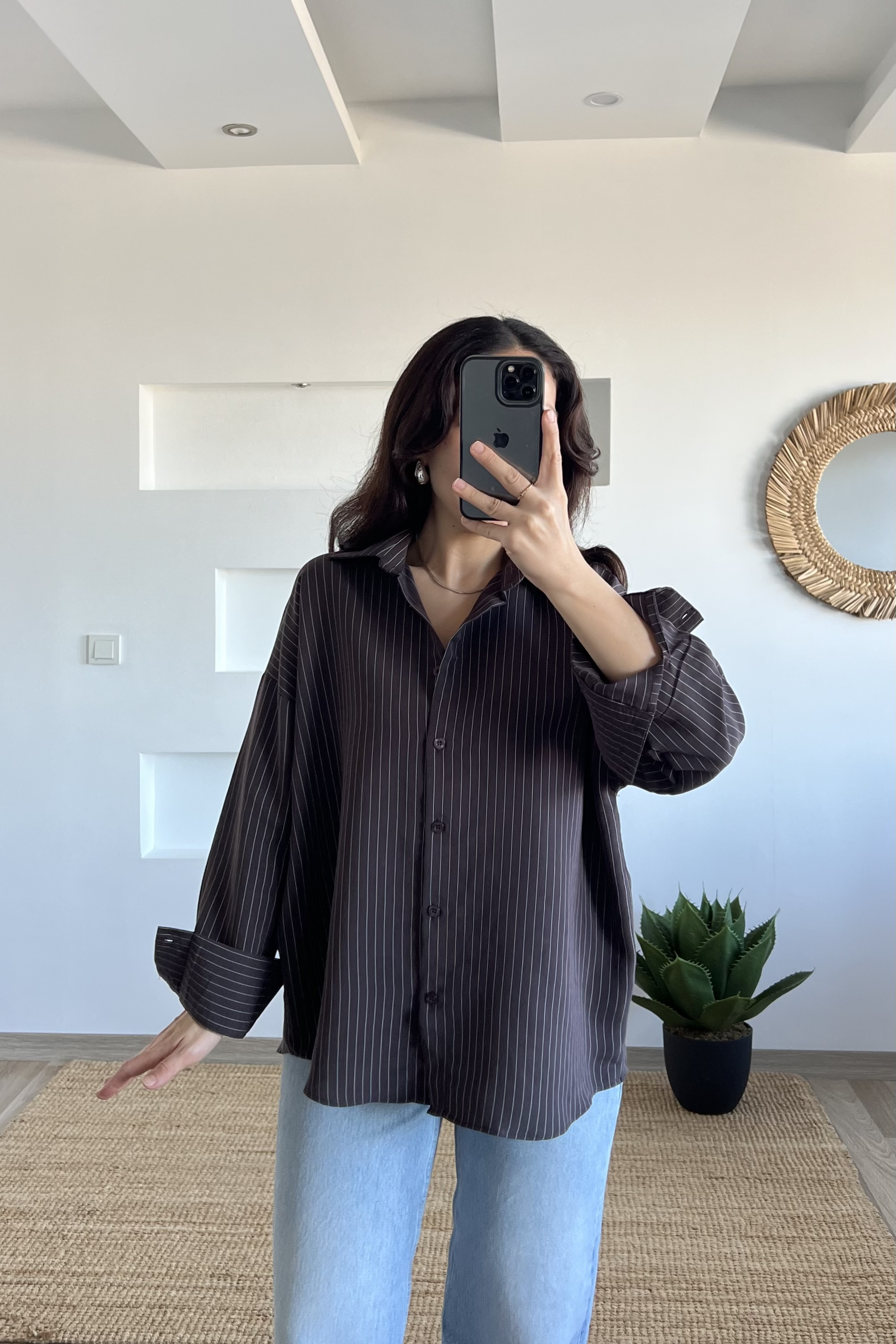 Md Kahverengi %100 Pamuk Çizgili Gömlek uygun fiyatlarda www.butikhola.com adresinde