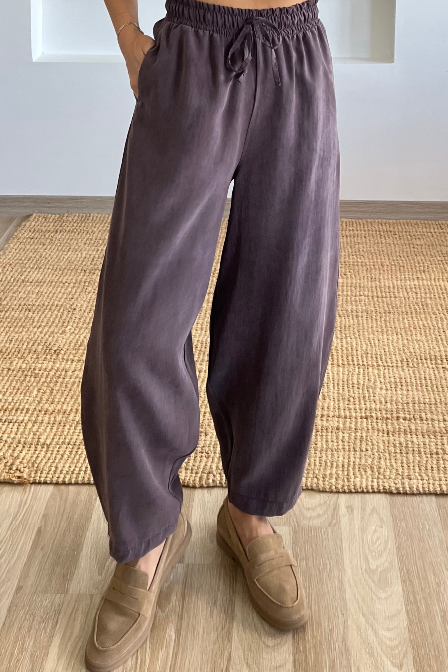 Md Kahverengi Beli Lastikli Tensel Şalvar Pantolon uygun fiyatlarda www.butikhola.com adresinde