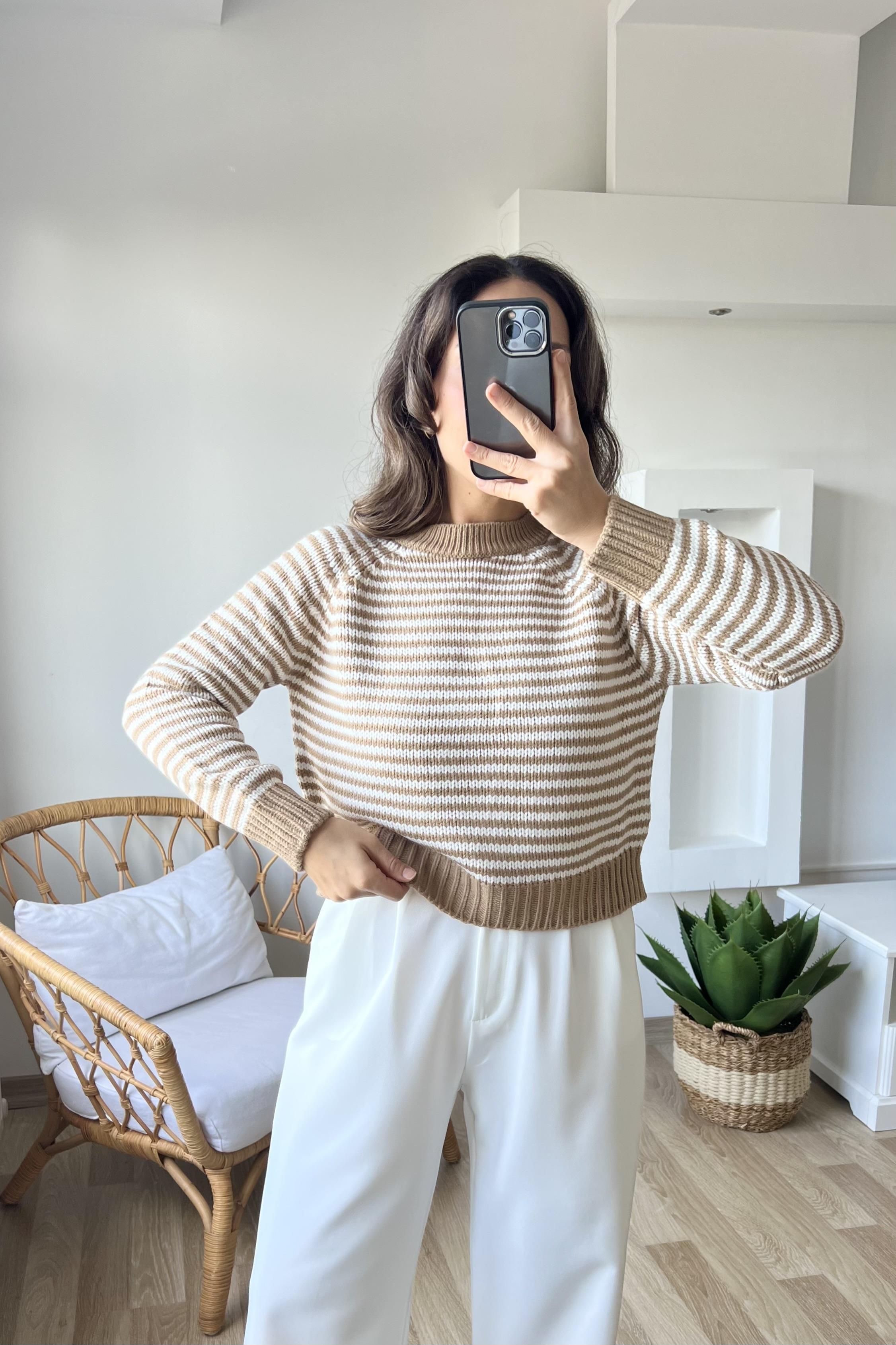 Md Olive Çizgili Dokuma Kazak uygun fiyatlarda www.butikhola.com adresinde