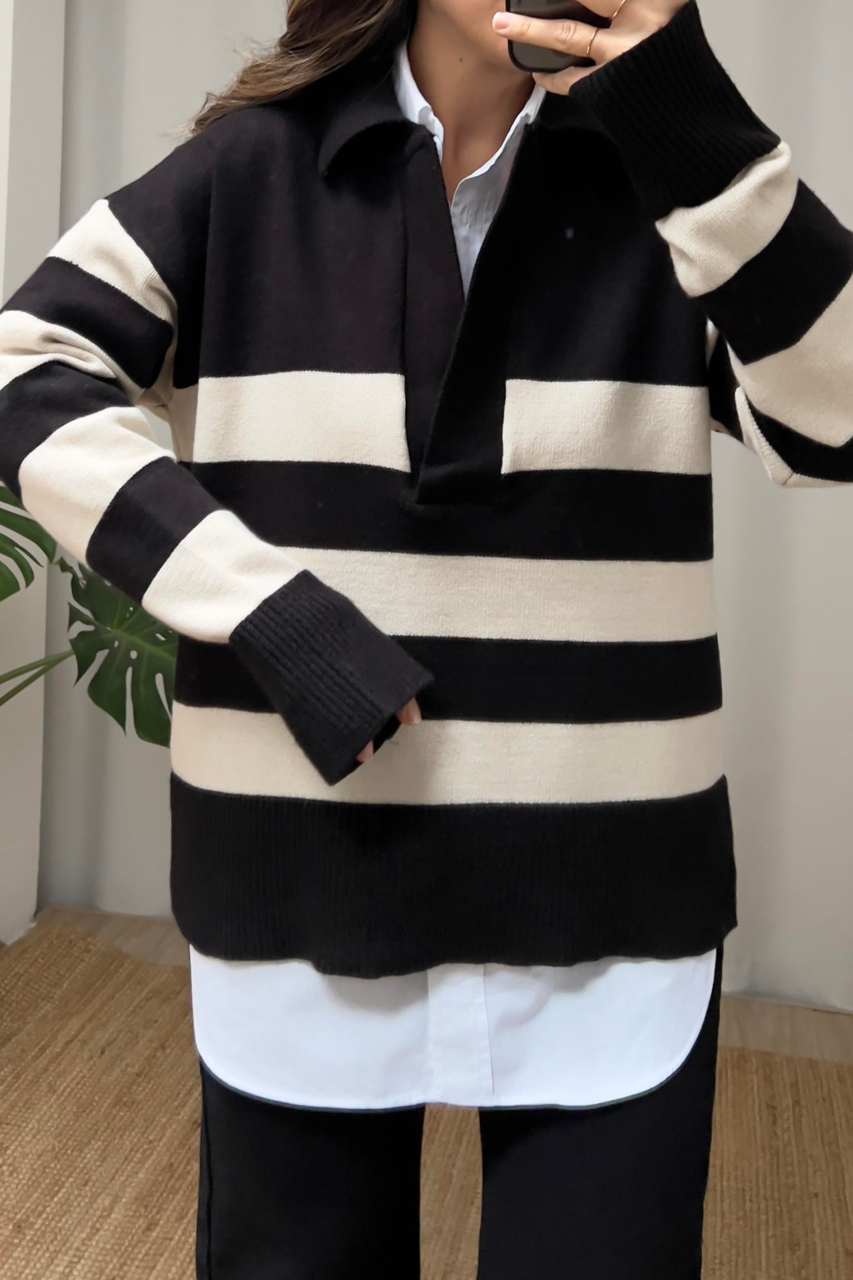 MD Siyah Şeritli Polo Yaka Kazak uygun fiyatlarda www.butikhola.com adresinde