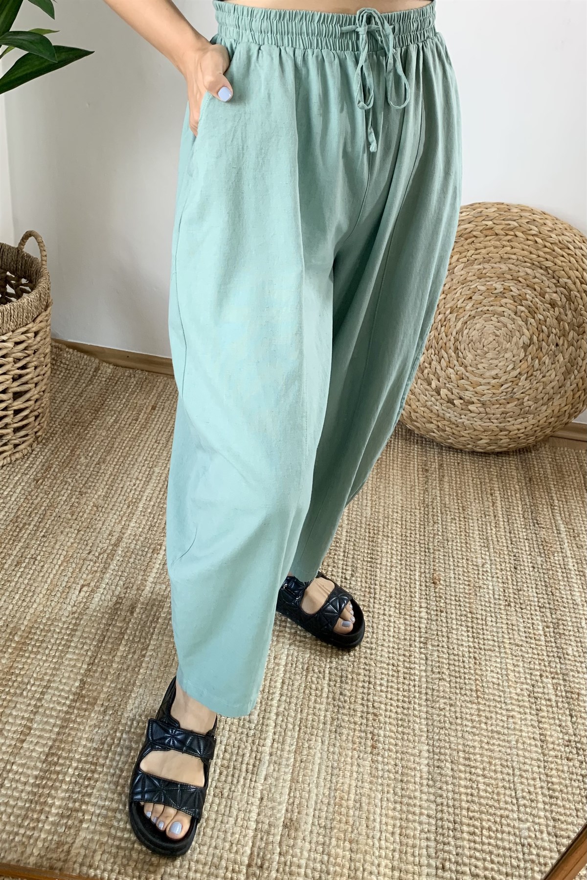 Mint Yeşili Keten Şalvar Pantolon uygun fiyatlarda www.butikhola.com adresinde