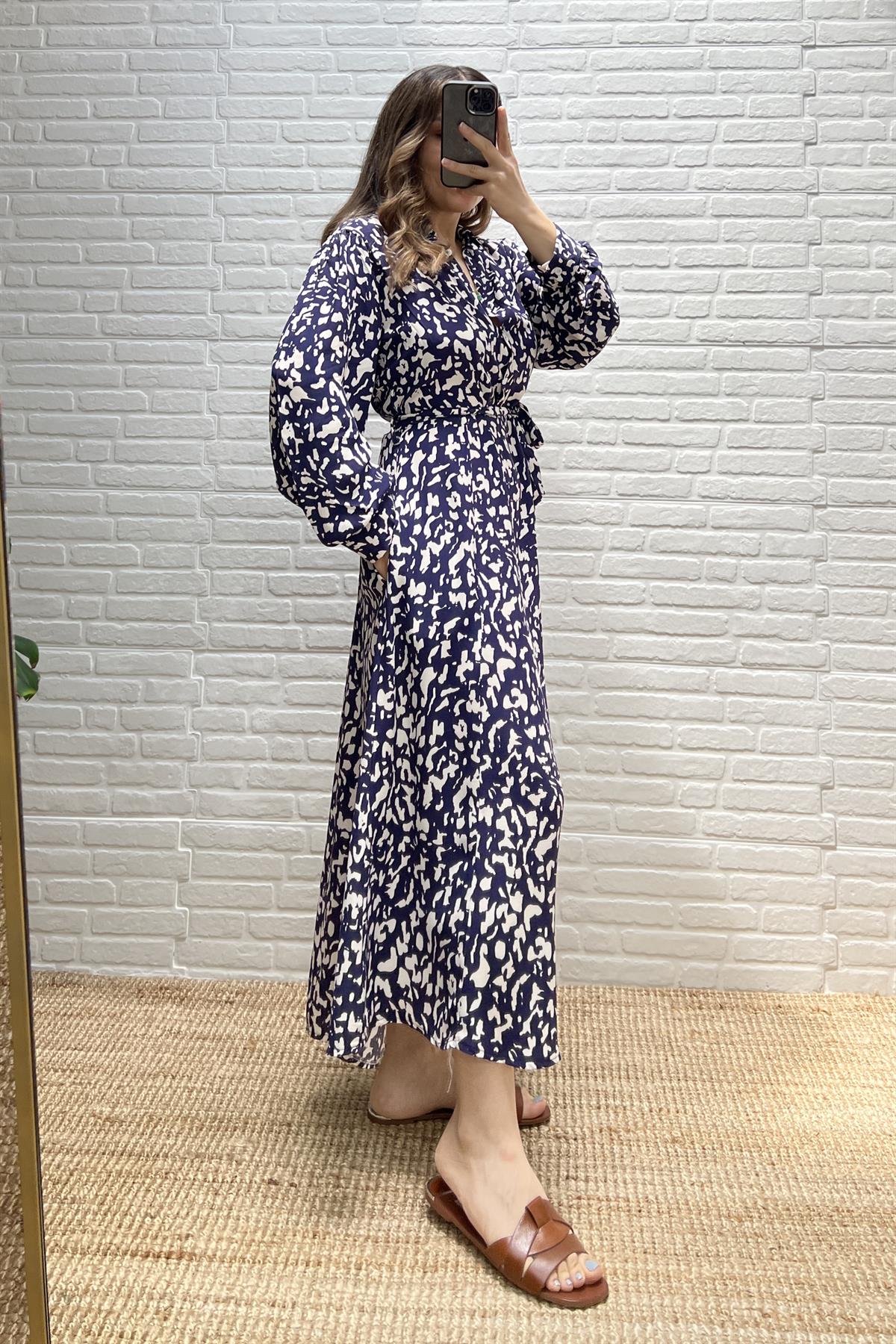 Mng Lacivert Desenli Cepli Maksi Elbise  uygun fiyatlarda www.butikhola.com adresinde