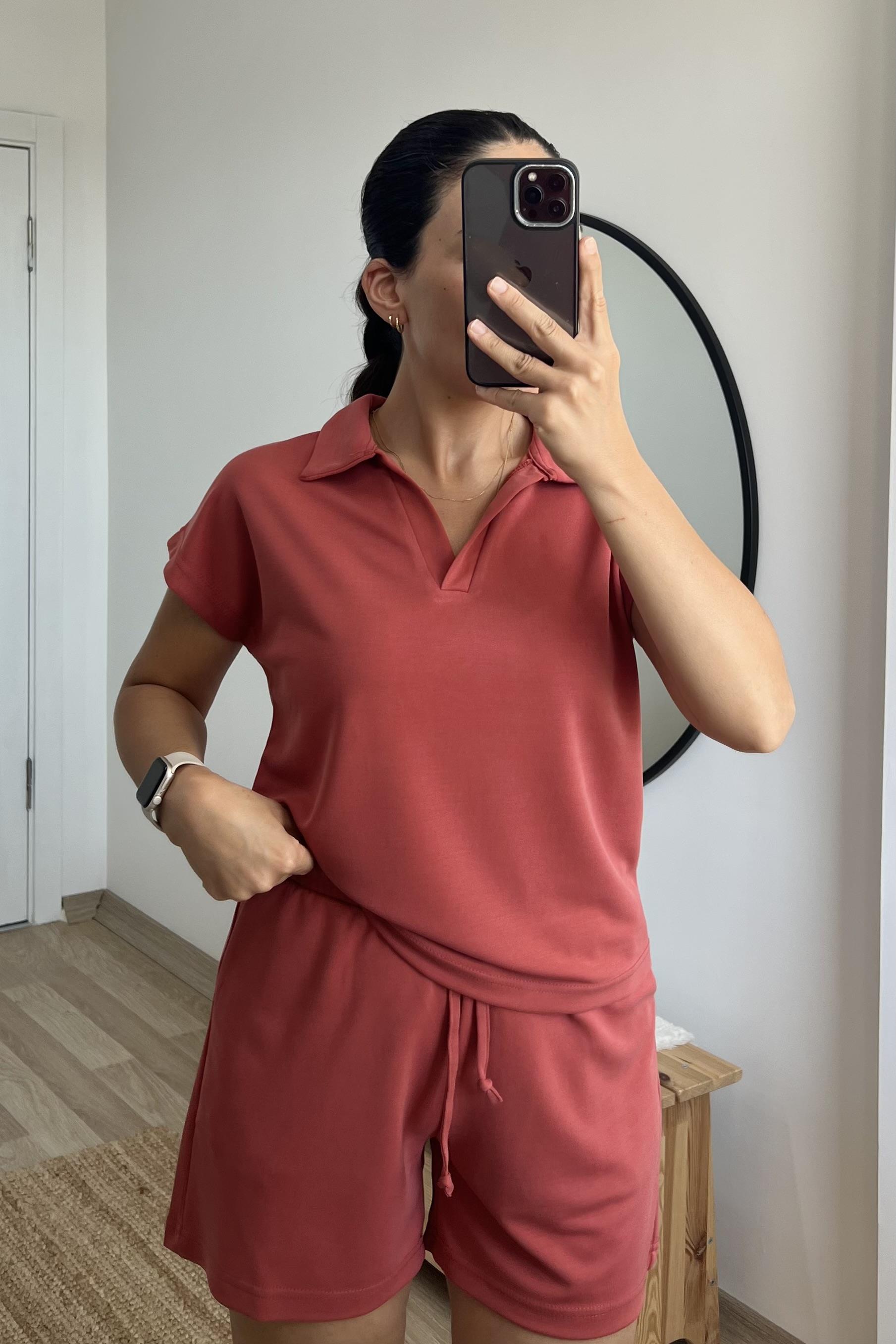 Nar Çiçeği Oysho Kumaş Modal Polo Yaka Tshirt Şort Takım uygun fiyatlarda www.butikhola.com adresinde
