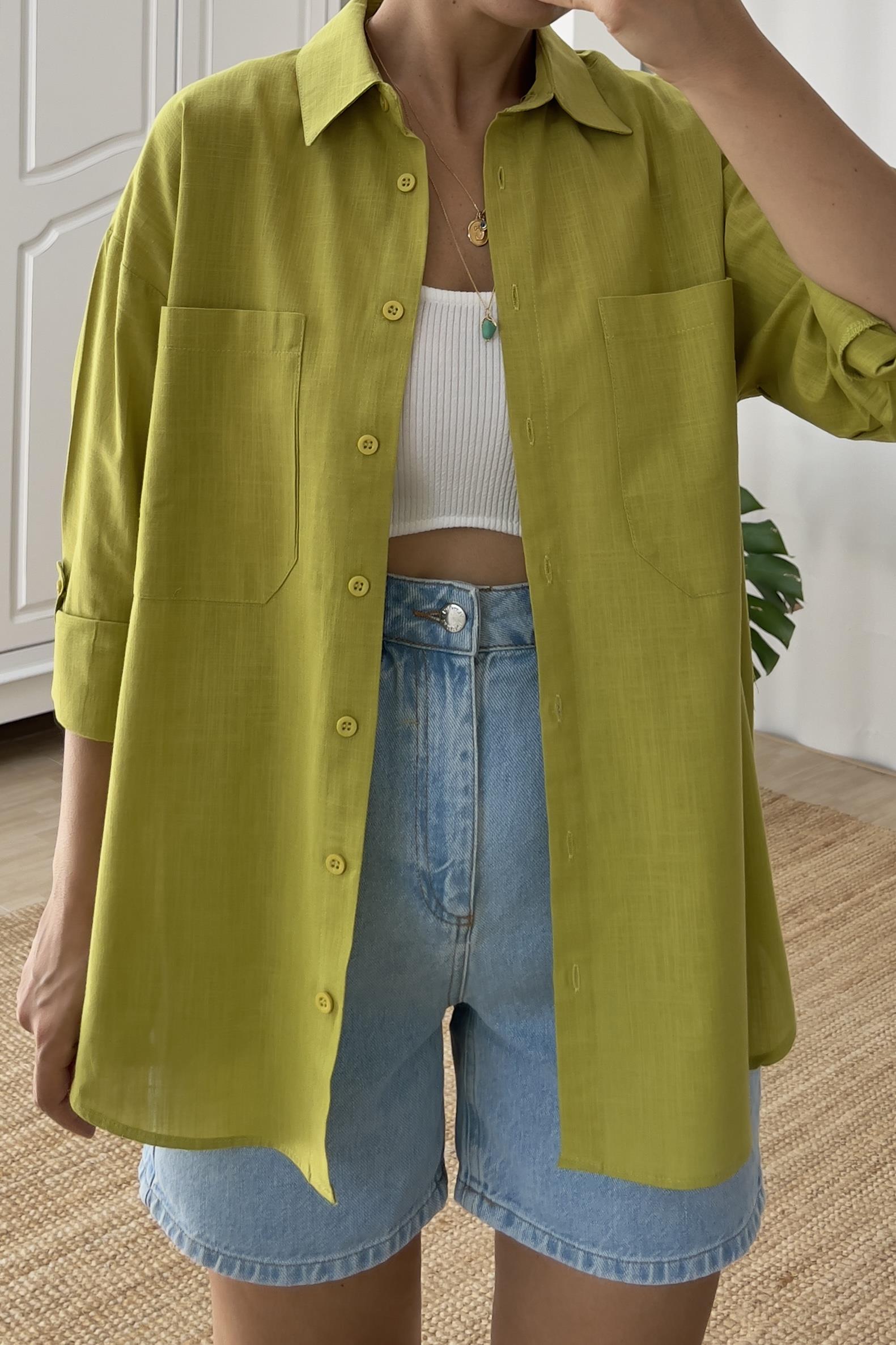Olive Çift Cep Detaylı Keten Gömlek  uygun fiyatlarda www.butikhola.com adresinde