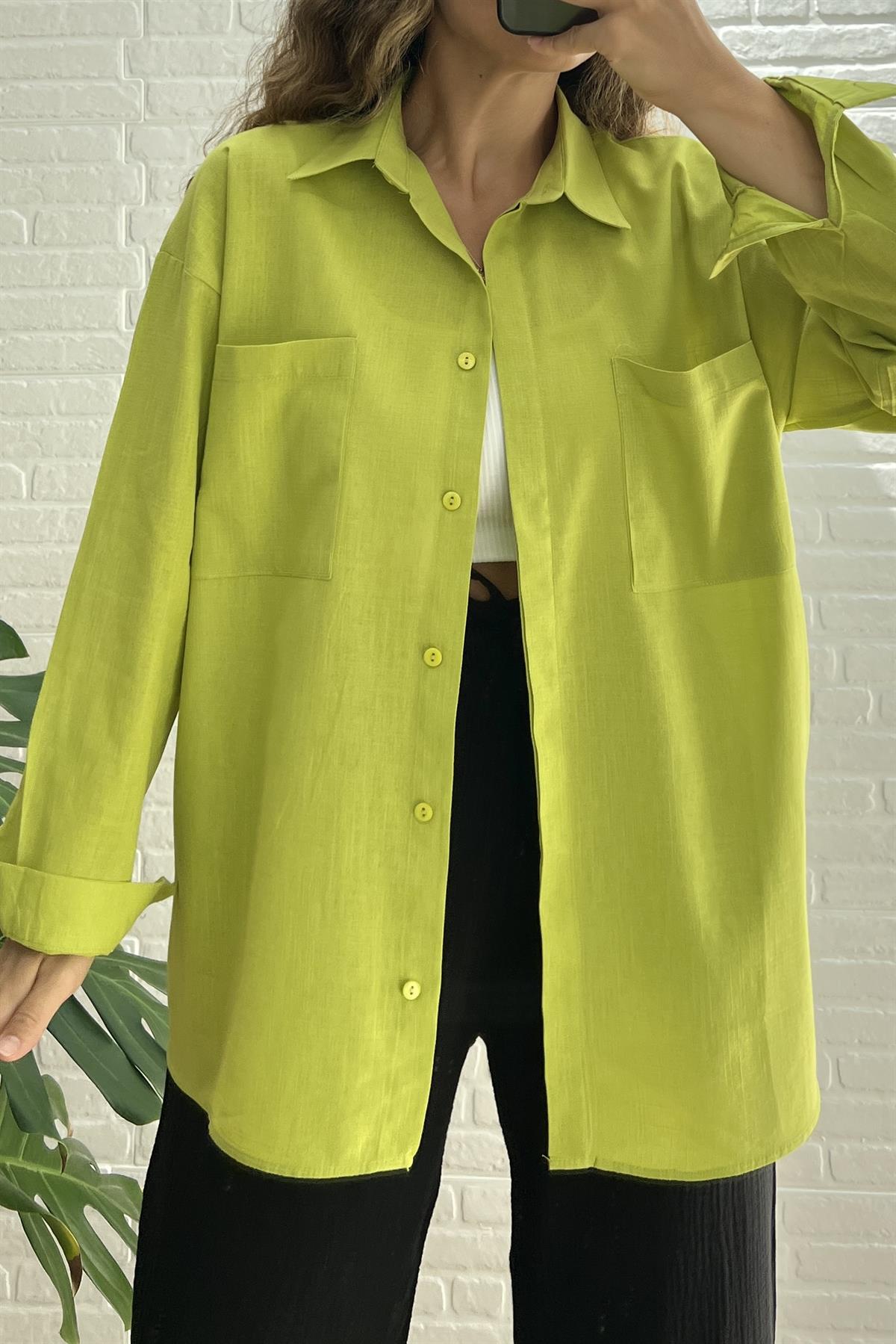 Olive Çift Cep Keten Gömlek uygun fiyatlarda www.butikhola.com adresinde