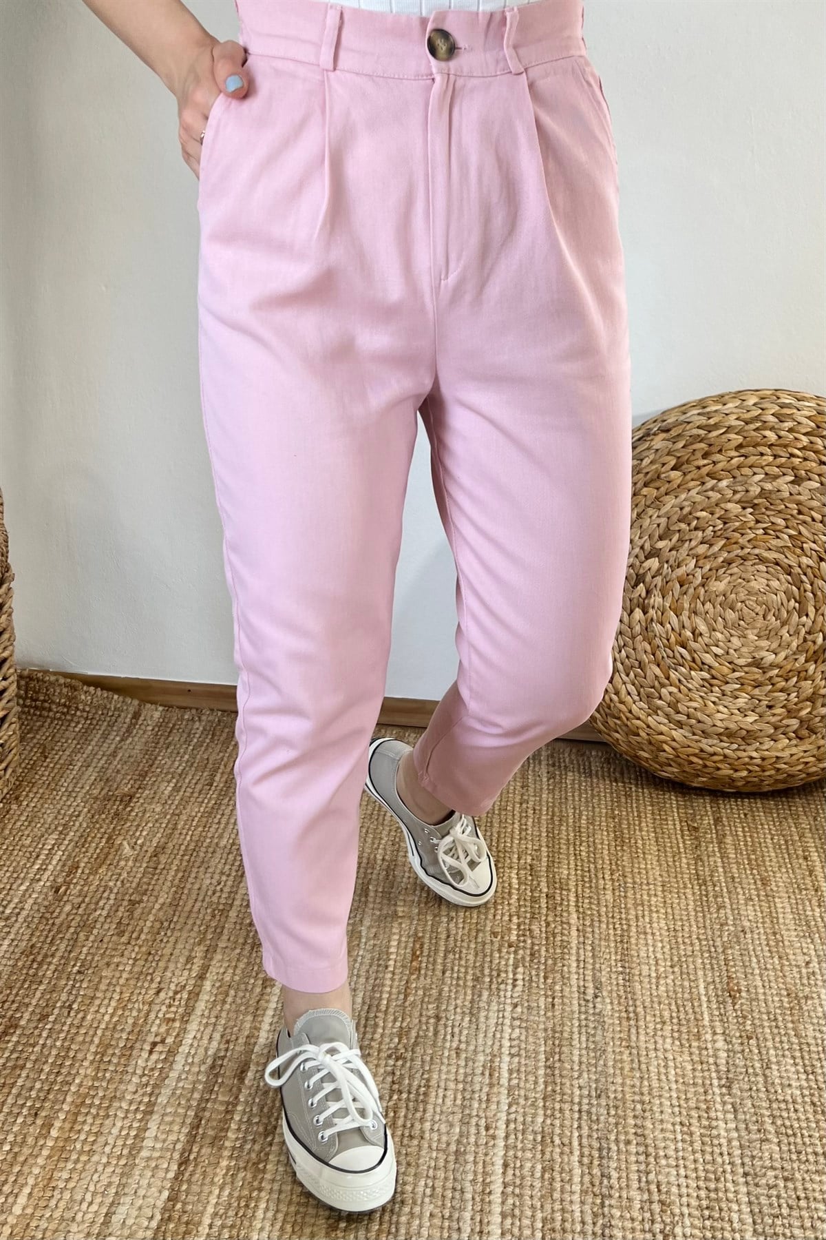 Pembe Beli Lastikli Gabardin Pantolon uygun fiyatlarda www.butikhola.com adresinde