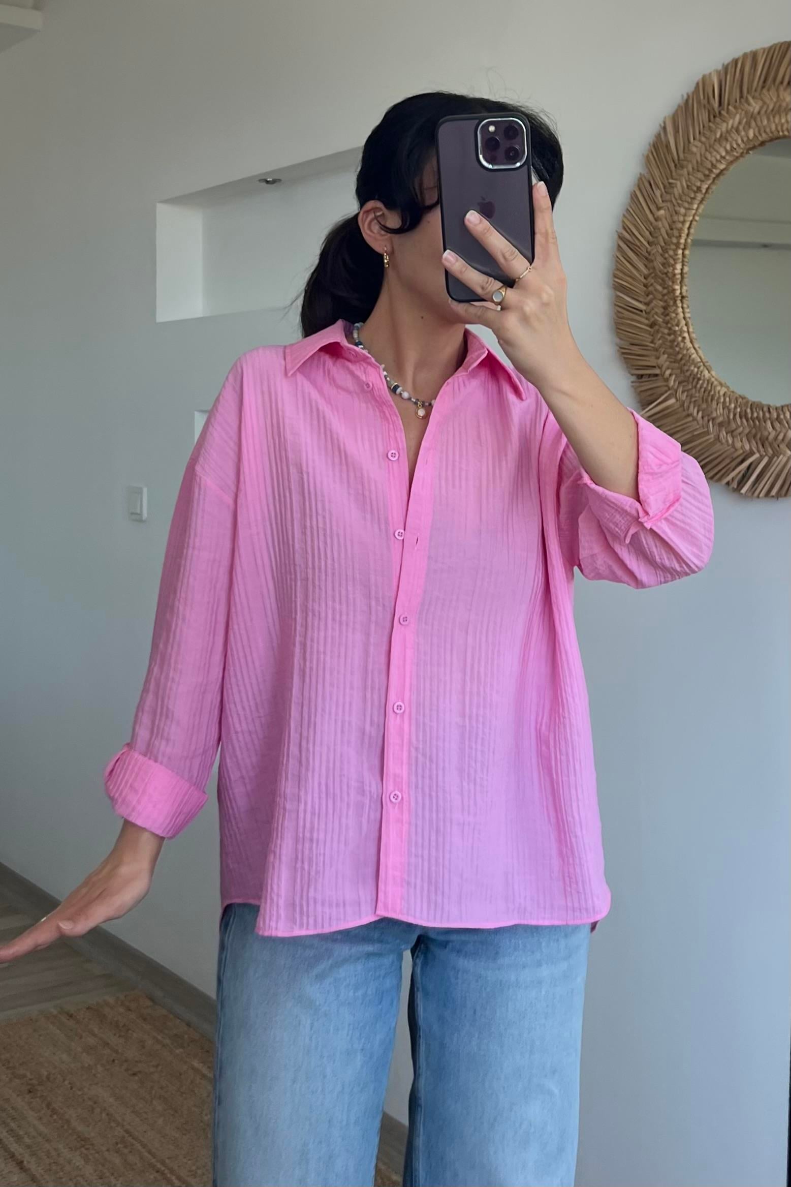 Pembe Dokulu Oversize Gömlek uygun fiyatlarda www.butikhola.com adresinde