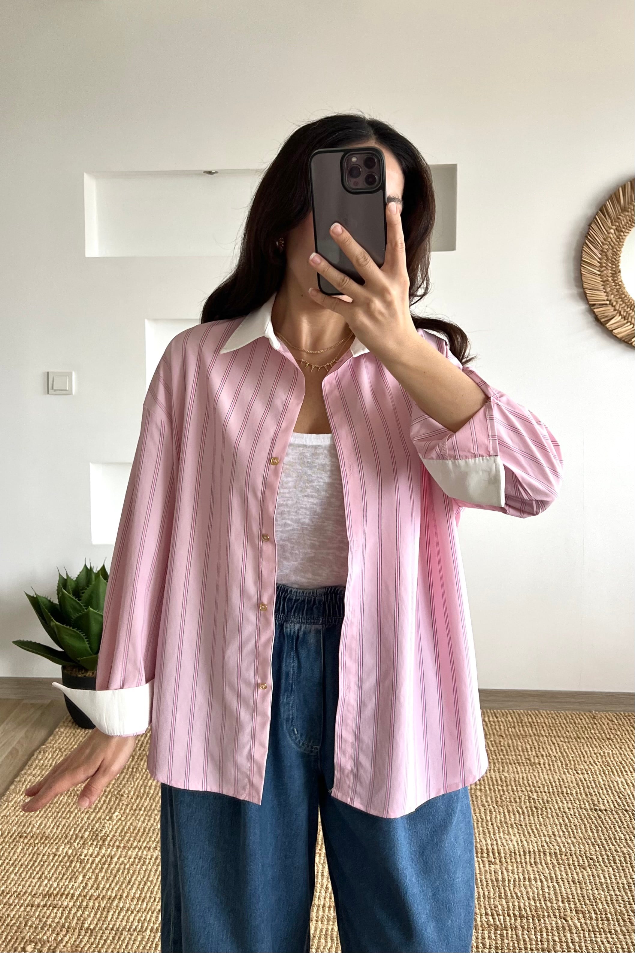 Pembe Kontrast Manşetli Çizligi Gömlek uygun fiyatlarda www.butikhola.com adresinde