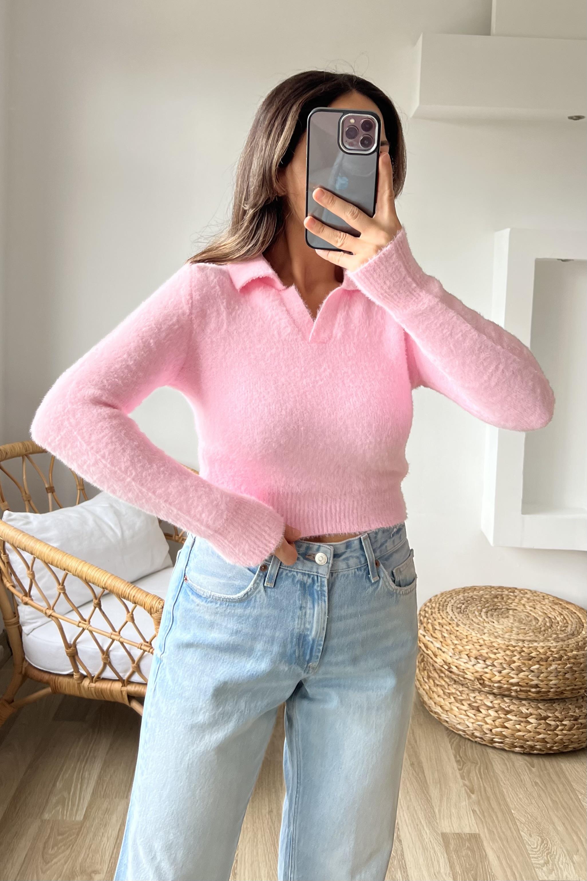 Pembe Polo Yaka Yumoş Kazak uygun fiyatlarda www.butikhola.com adresinde