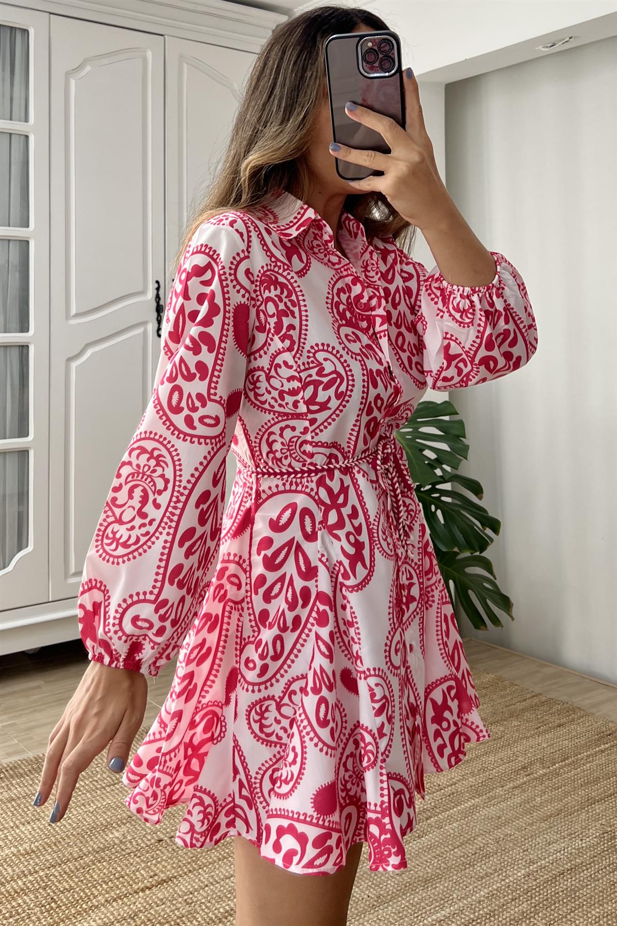 Pembe Şal Desenli Poplin Gömlek Elbise uygun fiyatlarda www.butikhola.com adresinde