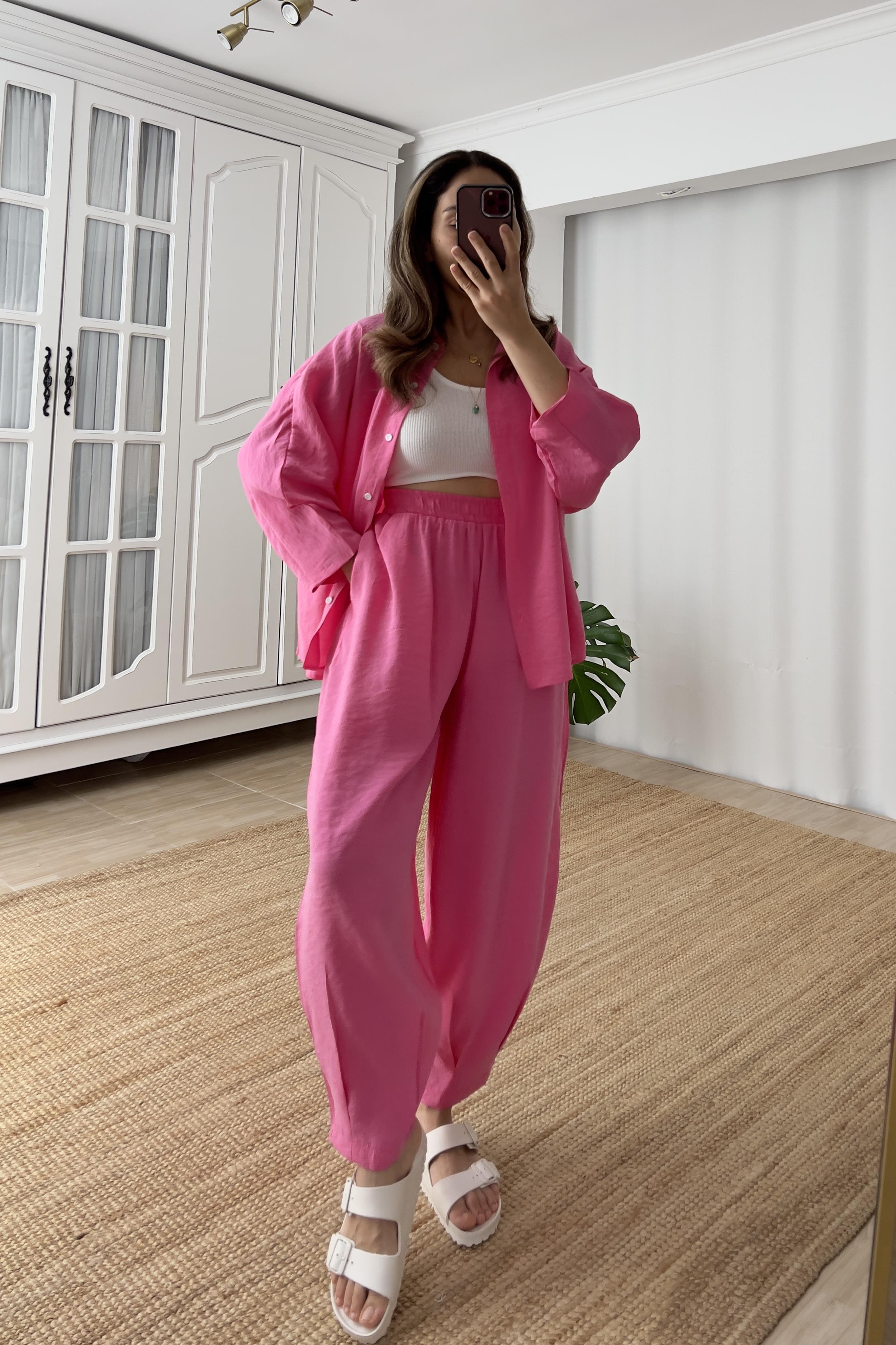 Pembe Tensel Gömlek Pantolon Takım uygun fiyatlarda www.butikhola.com adresinde
