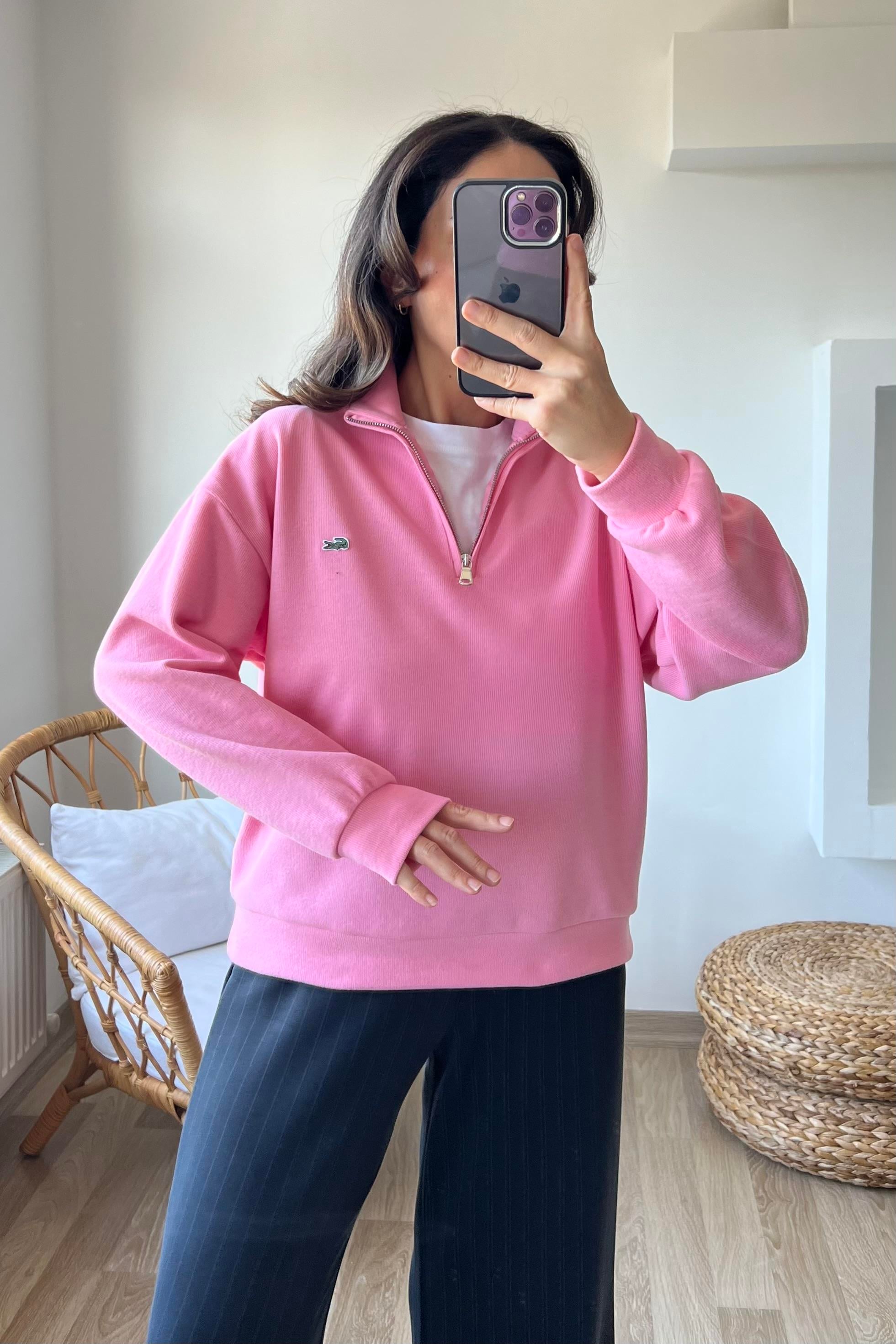 Pembe Yumuşak Dokulu Yakası Fermuarlı Sweatshirt uygun fiyatlarda www.butikhola.com adresinde