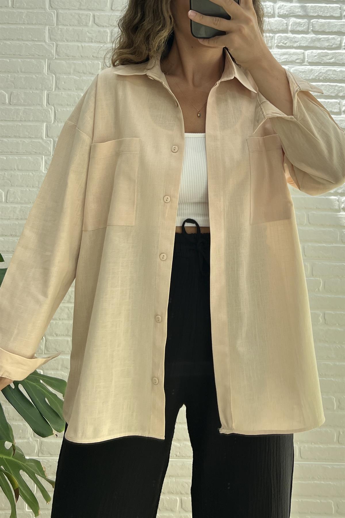 Pudra Çift Cep Keten Gömlek uygun fiyatlarda www.butikhola.com adresinde