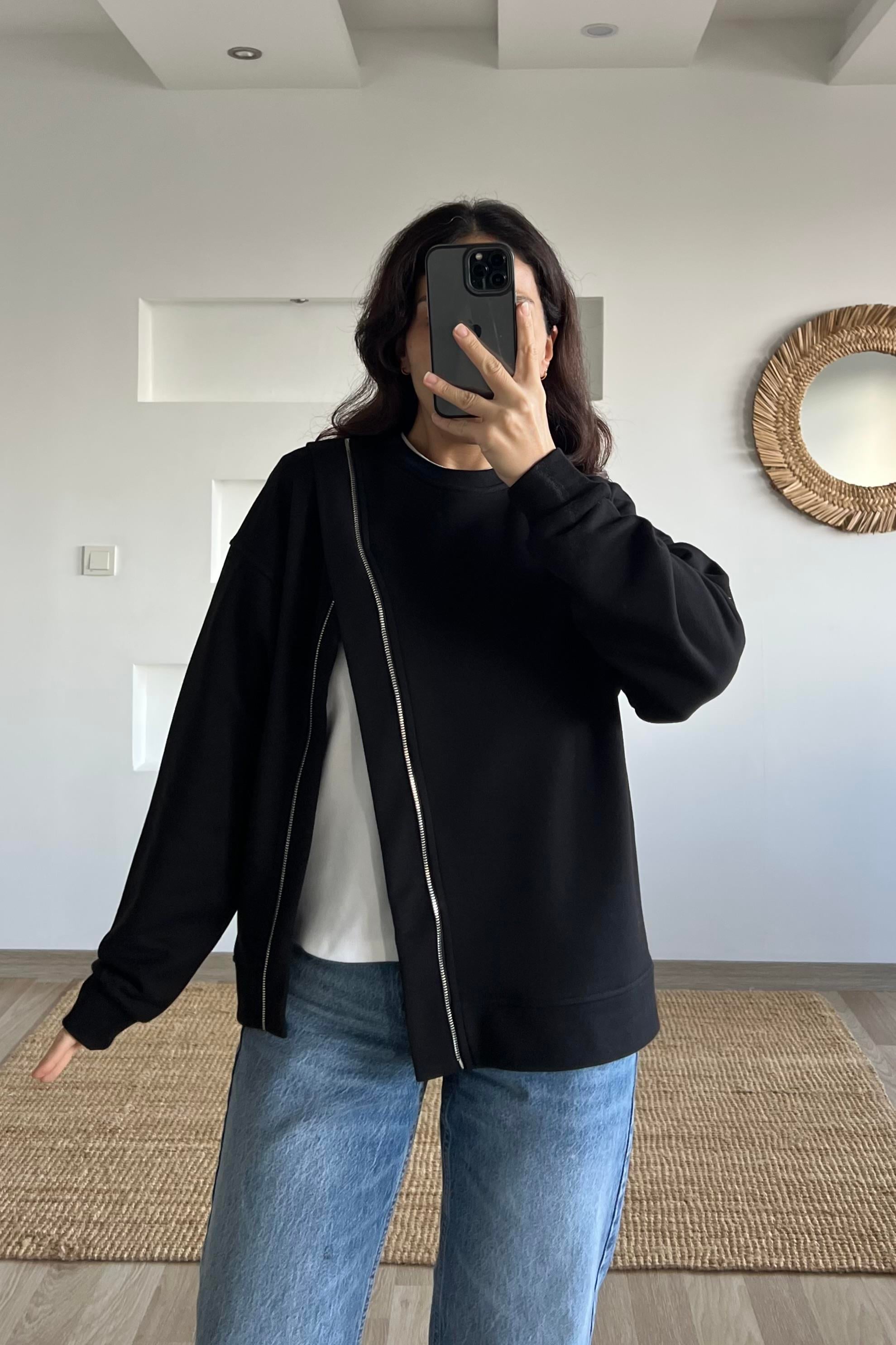 Siyah Asimetrik Fermuarlı Sweatshirt uygun fiyatlarda www.butikhola.com adresinde
