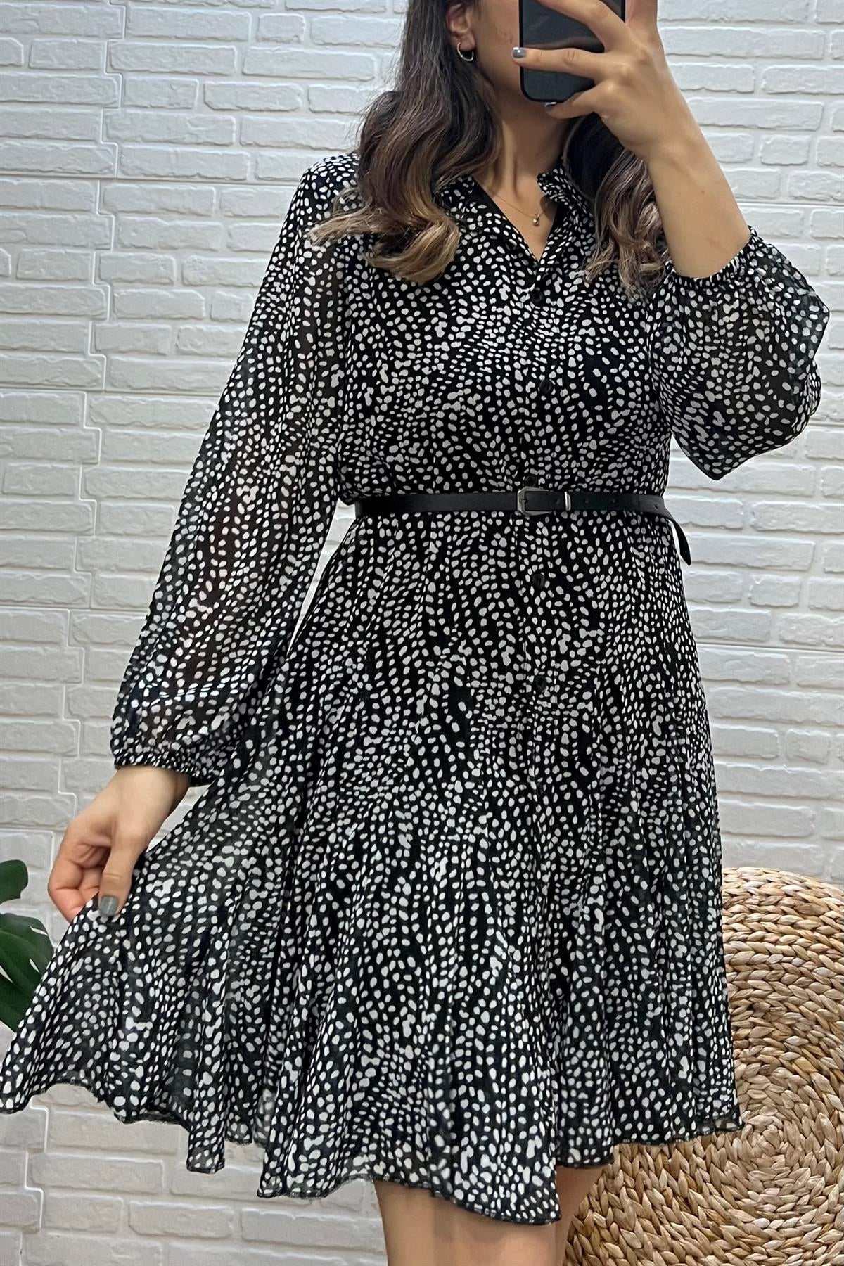 Siyah Desenli Beli Kemerli Astarlı Şifon Elbise uygun fiyatlarda www.butikhola.com adresinde