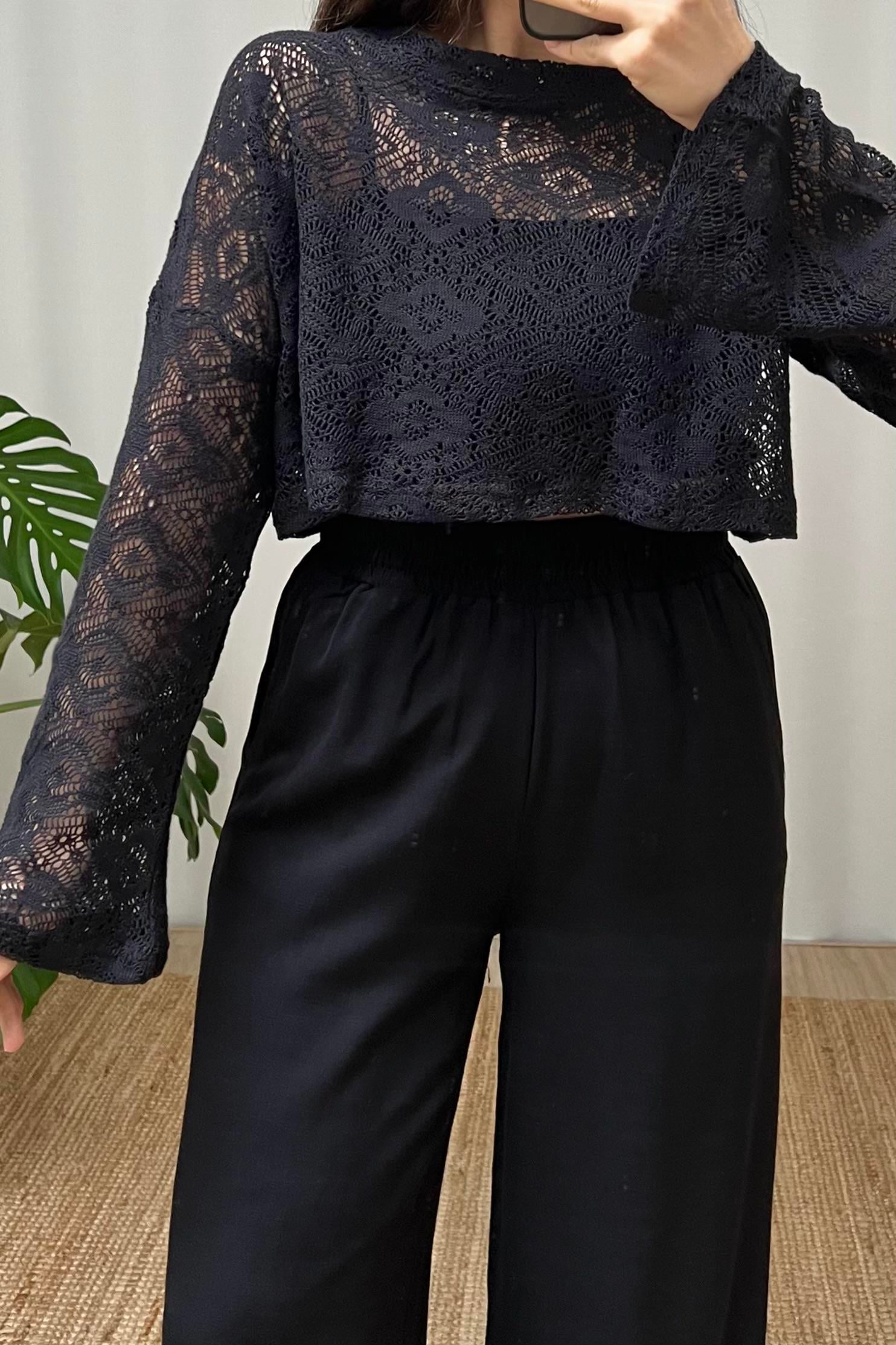 Siyah Etnik Örgü Crop Bluz uygun fiyatlarda www.butikhola.com adresinde